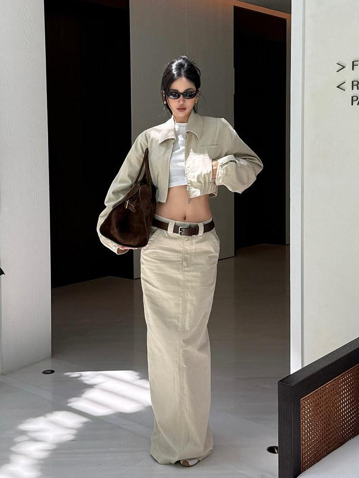 rovente Khaki Slit Straight Midwaist Woven Women's Cotton Maxi Skirts