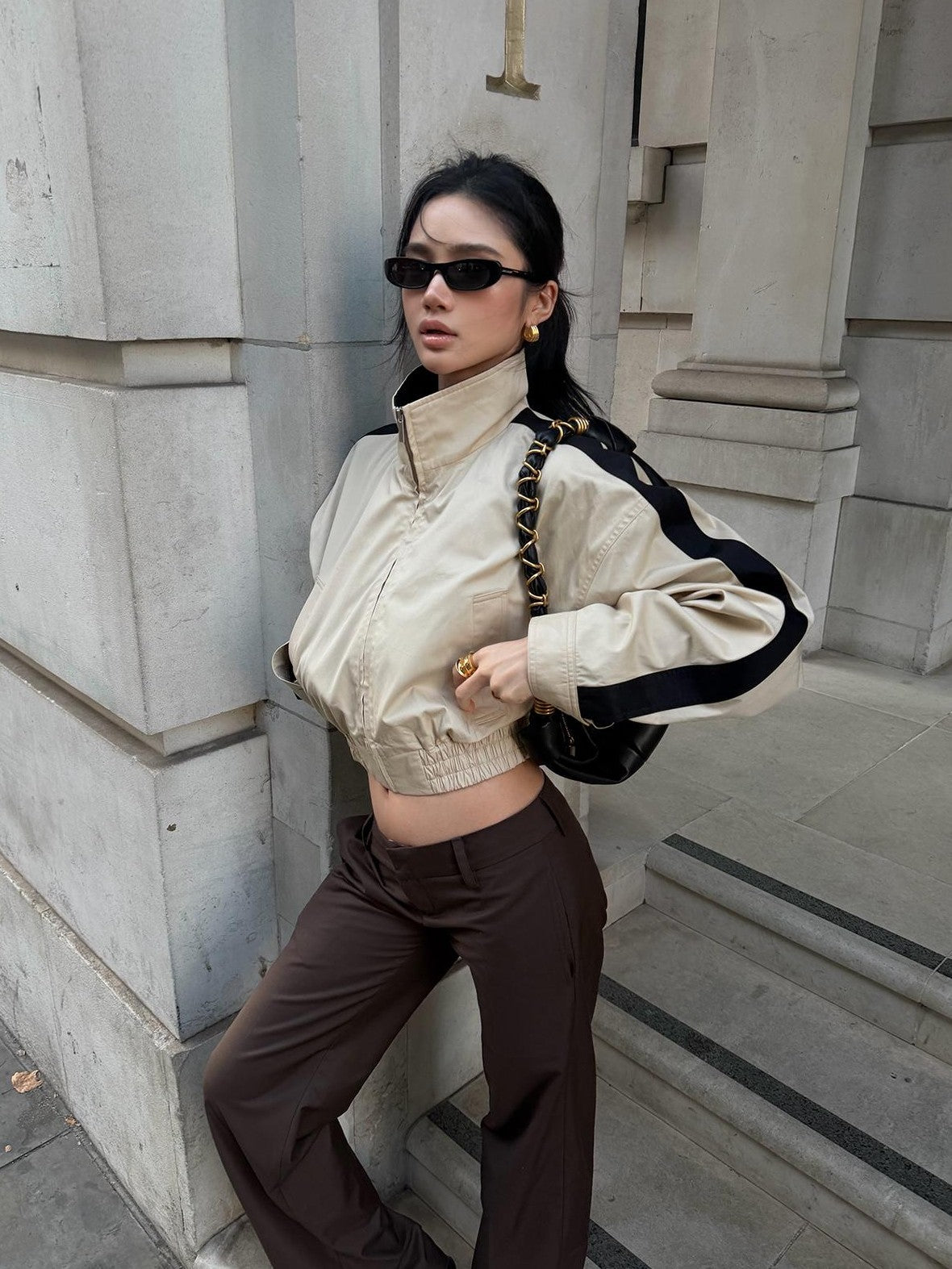 rovente Khaki Stand Collar Cinched Waist Cotton Women's Cropped Jackets