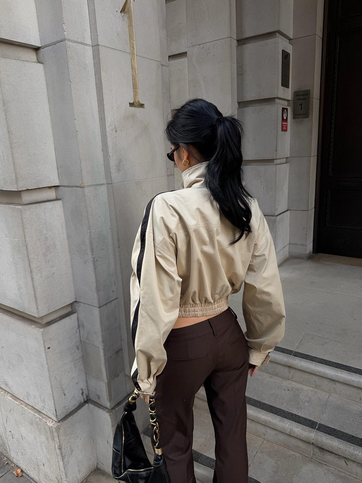 rovente Khaki Stand Collar Cinched Waist Cotton Women's Cropped Jackets