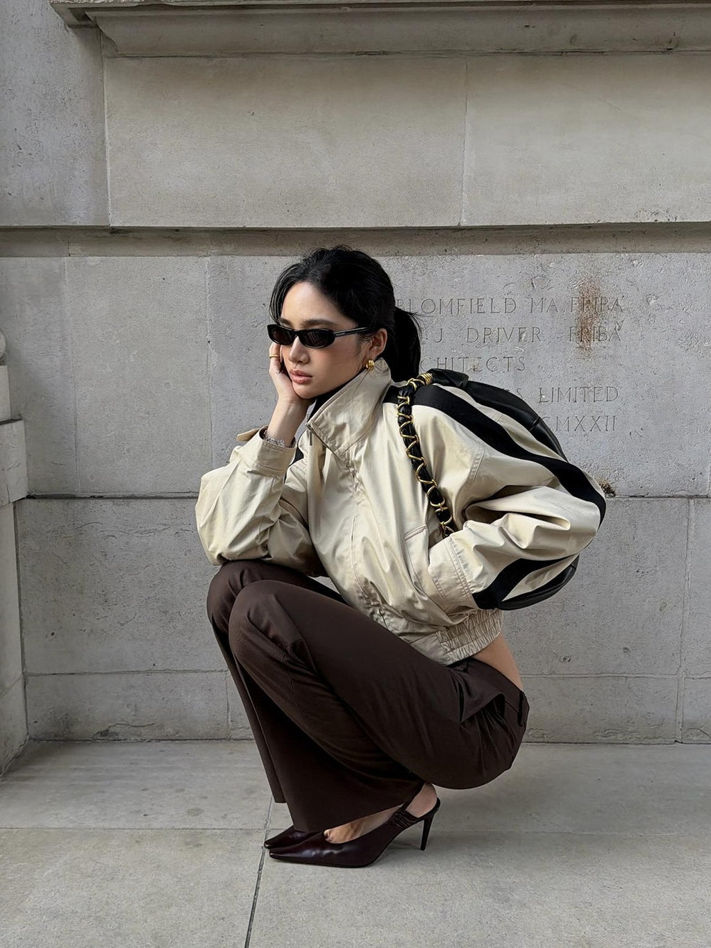 rovente Khaki Stand Collar Cinched Waist Cotton Women's Cropped Jackets