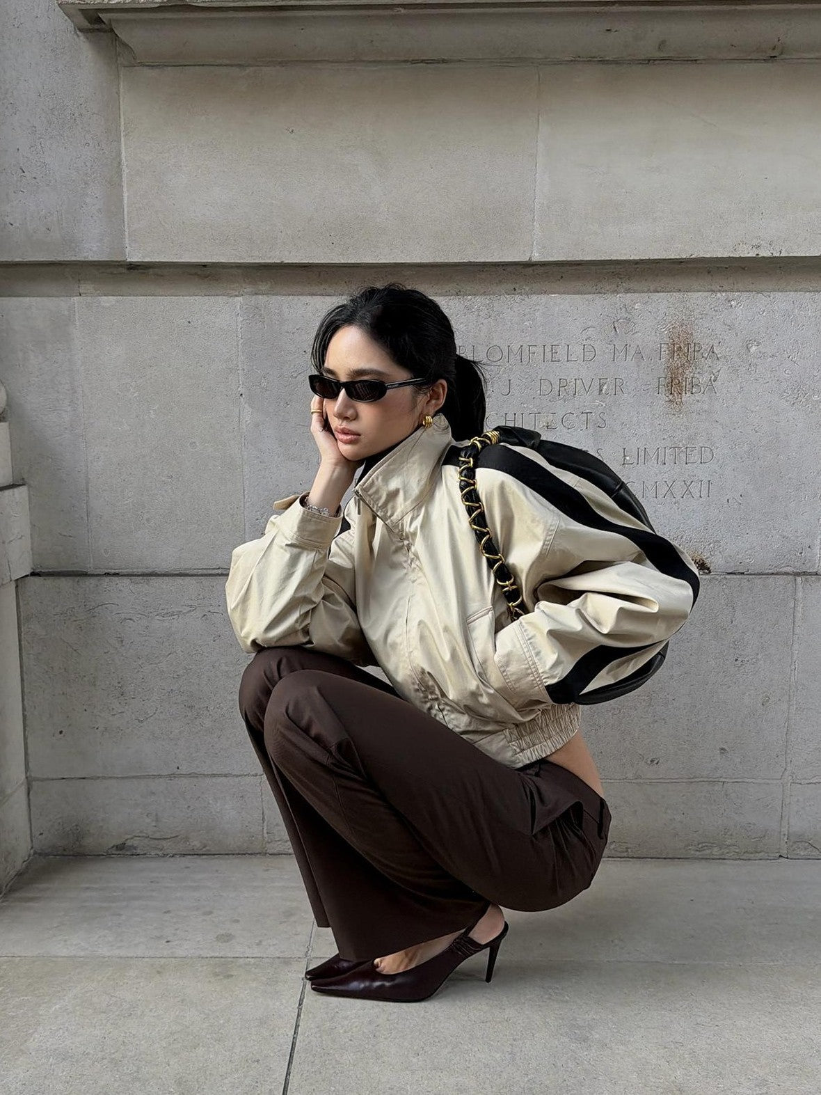 rovente Khaki Stand Collar Cinched Waist Cotton Women's Cropped Jackets