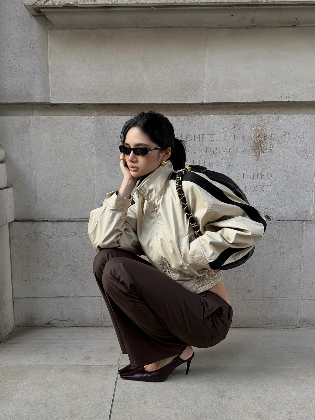 rovente Khaki Stand Collar Cinched Waist Cotton Women's Cropped Jackets