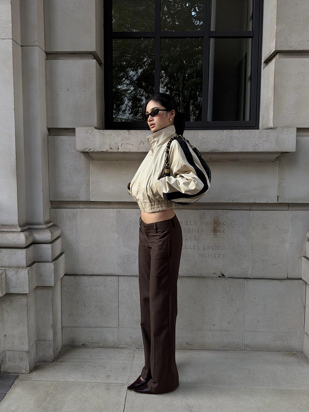 rovente Khaki Stand Collar Cinched Waist Cotton Women's Cropped Jackets