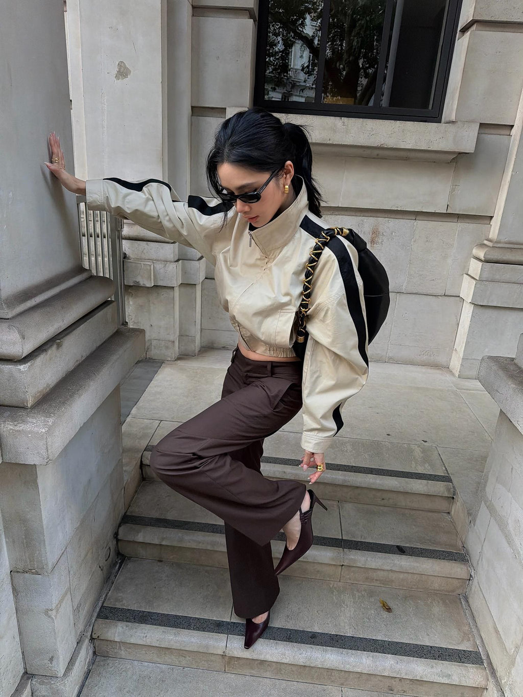 rovente Khaki Stand Collar Cinched Waist Cotton Women's Cropped Jackets