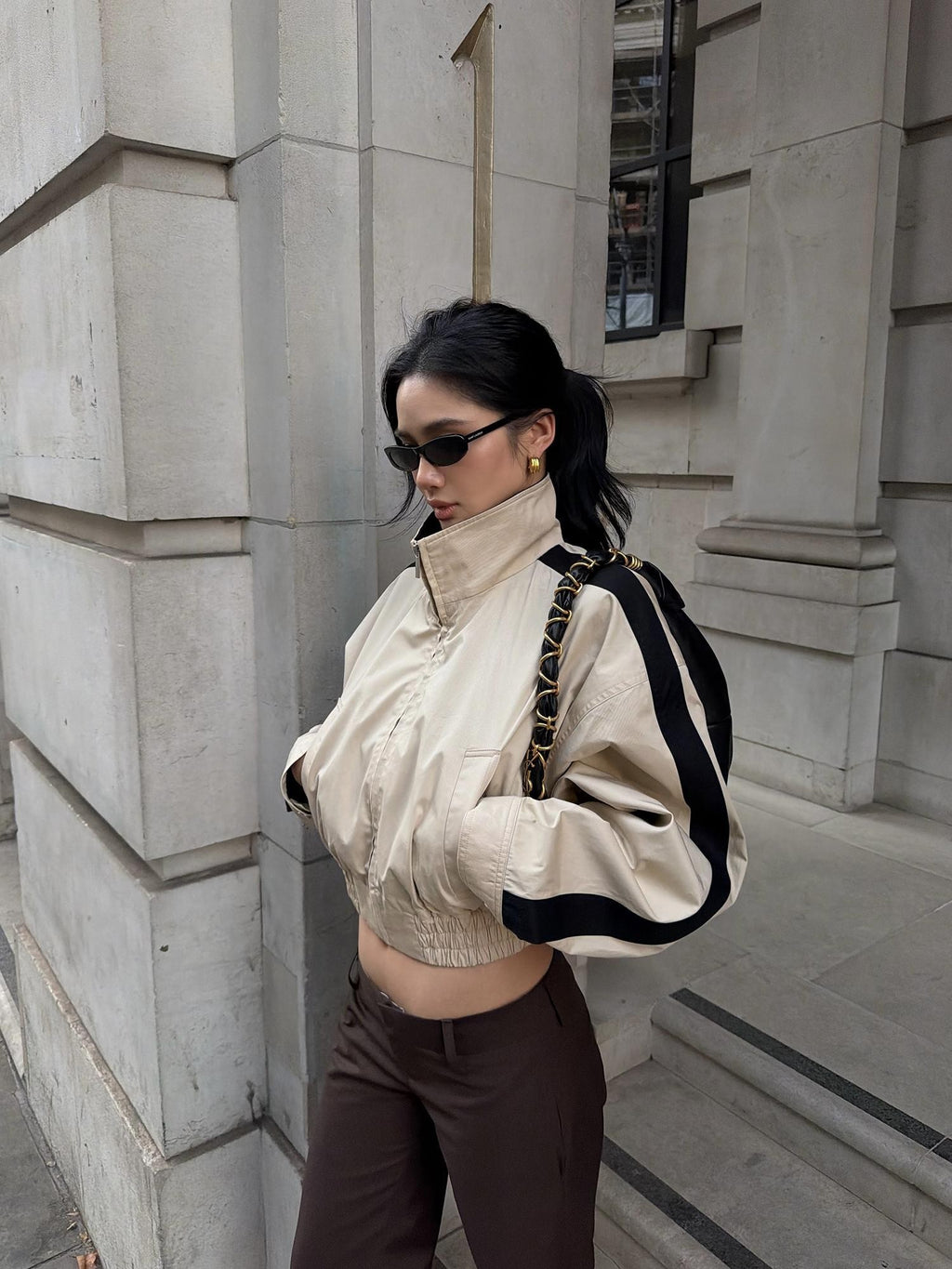rovente Khaki Stand Collar Cinched Waist Cotton Women's Cropped Jackets