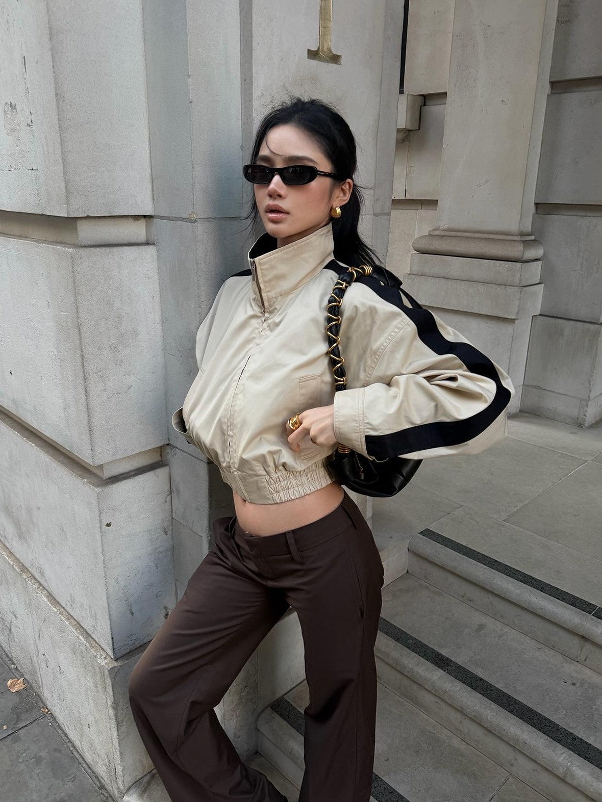 rovente Khaki Stand Collar Cinched Waist Cotton Women's Cropped Jackets
