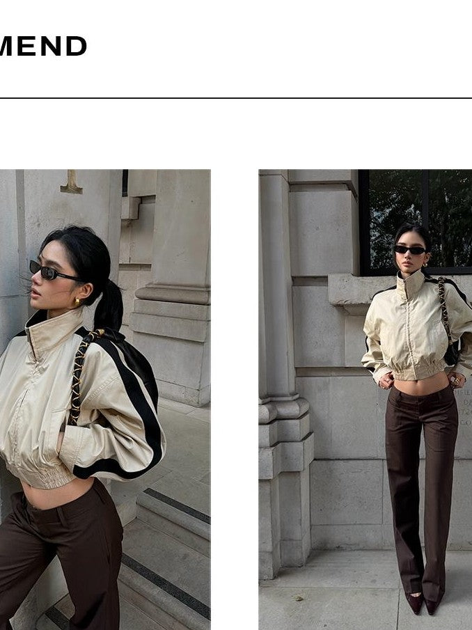 rovente Khaki Stand Collar Cinched Waist Cotton Women's Cropped Jackets