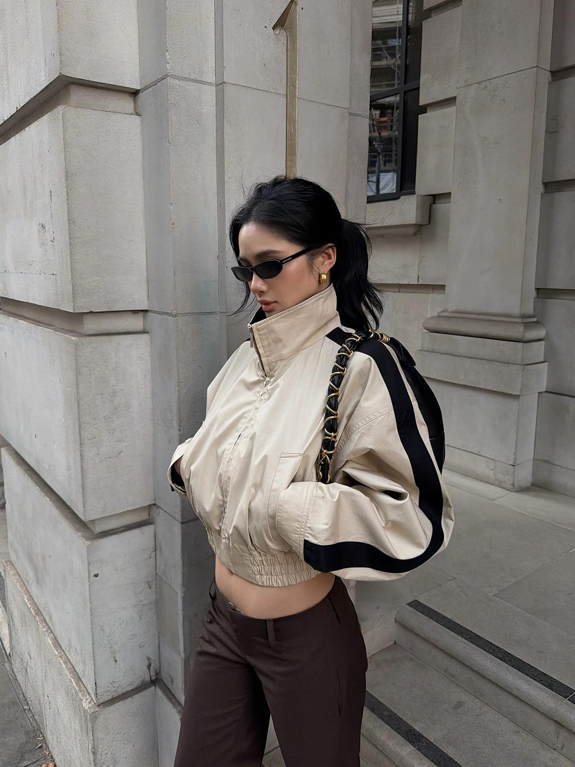 rovente Khaki Stand Collar Cinched Waist Cotton Women's Cropped Jackets