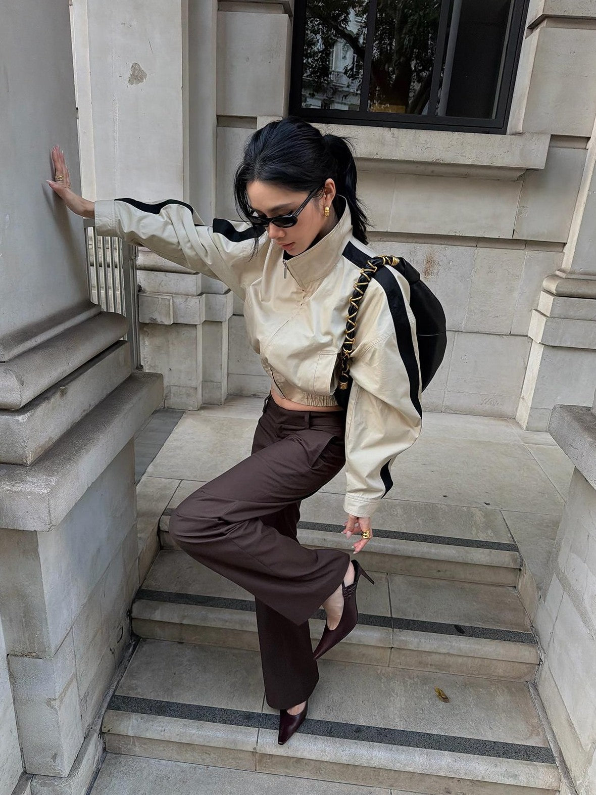 rovente Khaki Stand Collar Cinched Waist Cotton Women's Cropped Jackets