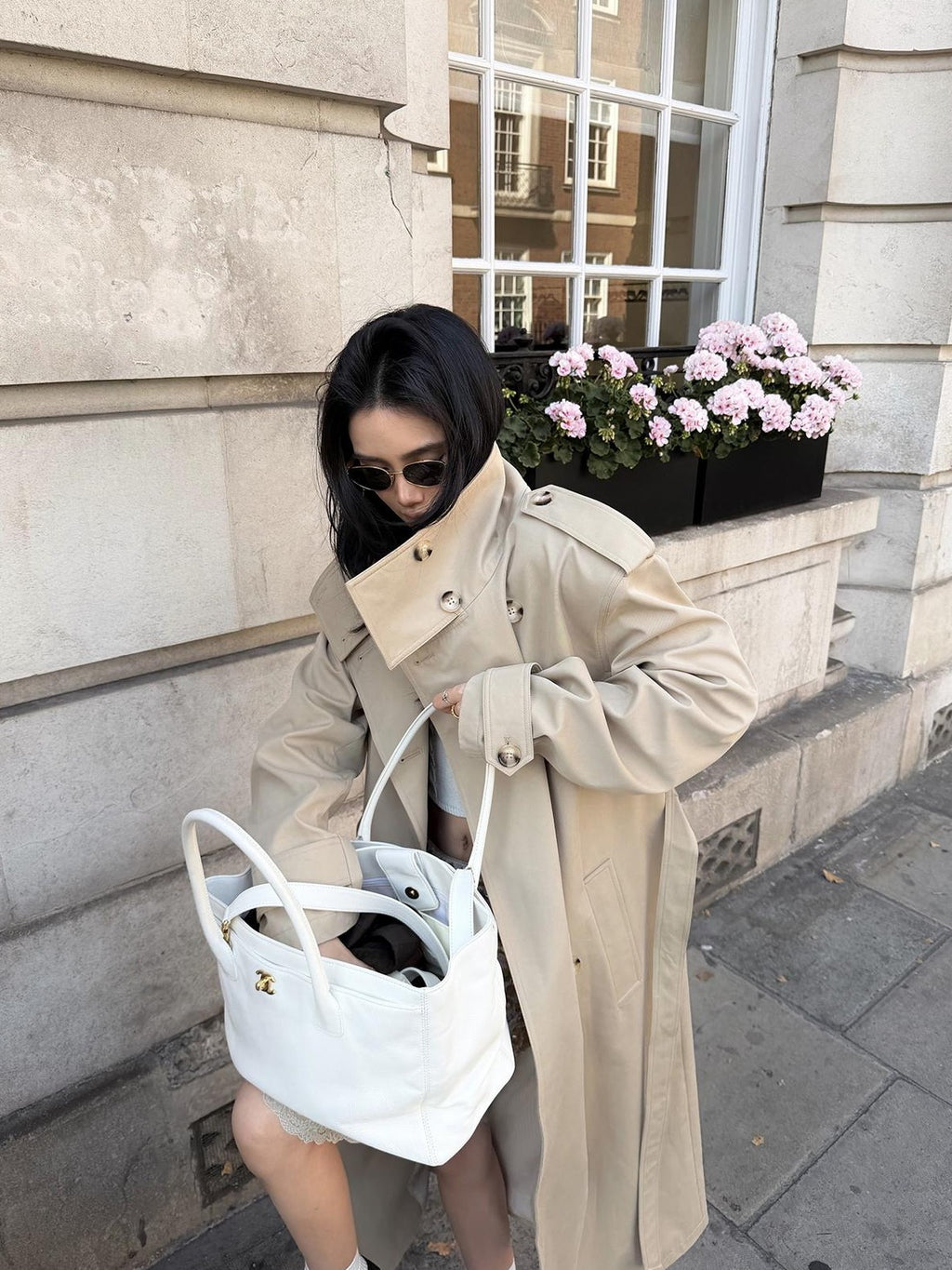 rovente Khaki Stand Collar Double Breasted Loose Long Women's Polyester Trench Coats