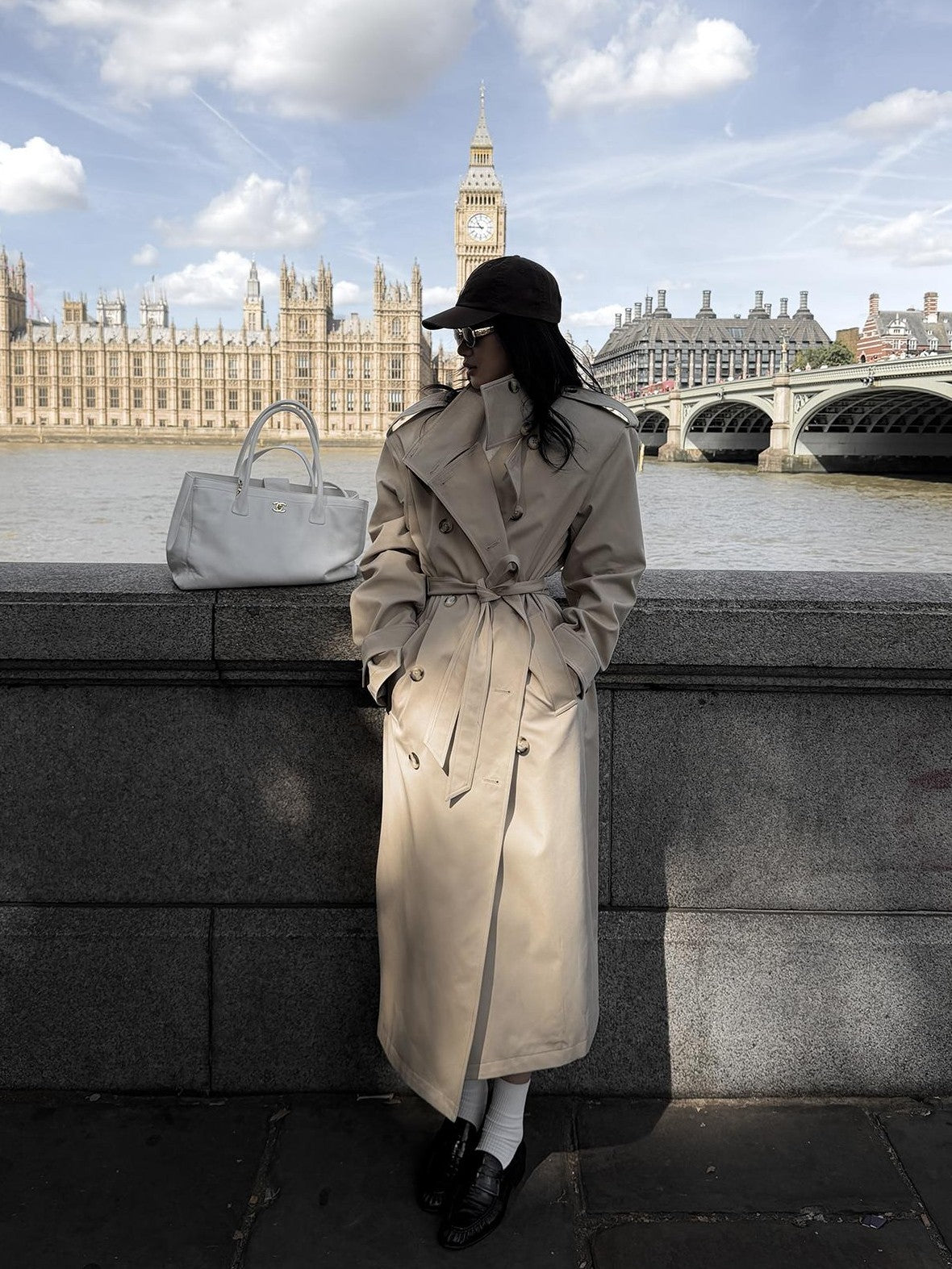 rovente Khaki Stand Collar Double Breasted Loose Long Women's Polyester Trench Coats