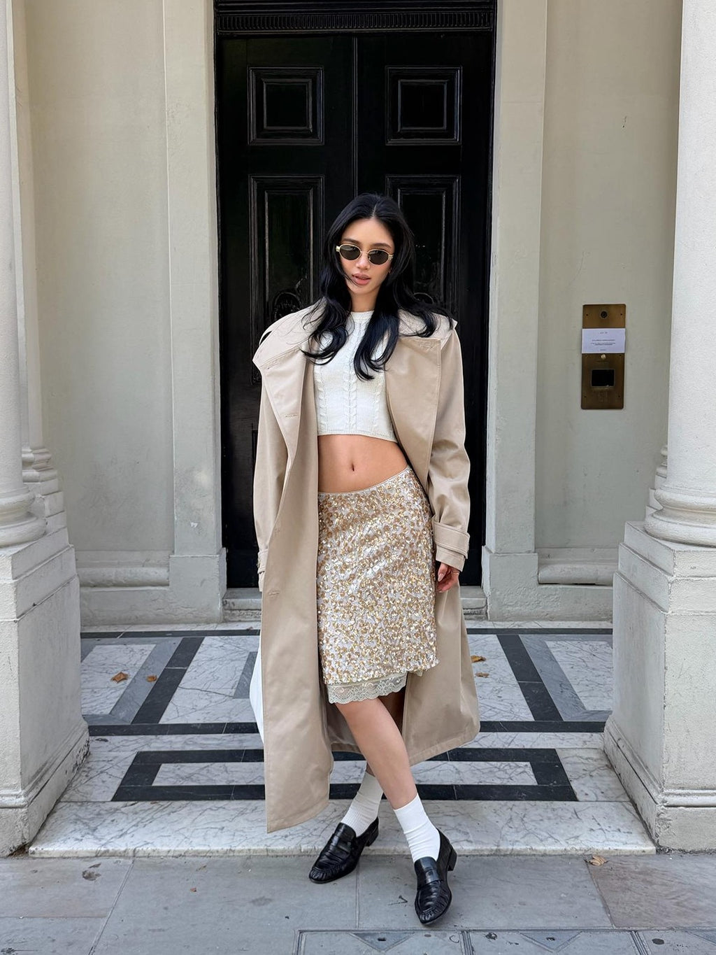 rovente Khaki Stand Collar Double Breasted Loose Long Women's Polyester Trench Coats