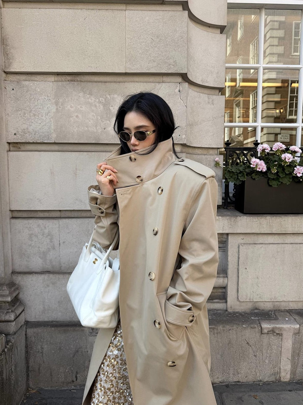 rovente Khaki Stand Collar Double Breasted Loose Long Women's Polyester Trench Coats
