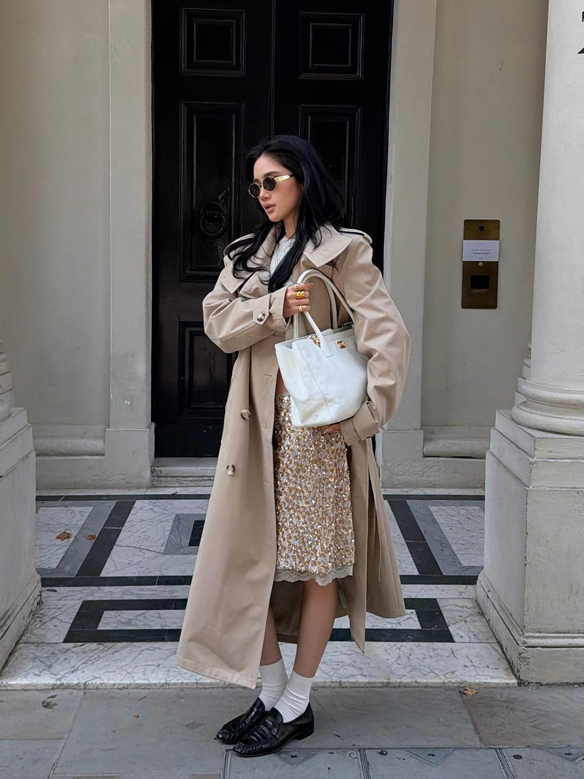 rovente Khaki Stand Collar Double Breasted Loose Long Women's Polyester Trench Coats