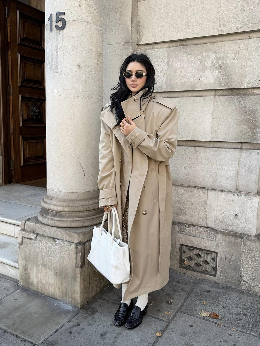 rovente Khaki Stand Collar Double Breasted Loose Long Women's Polyester Trench Coats