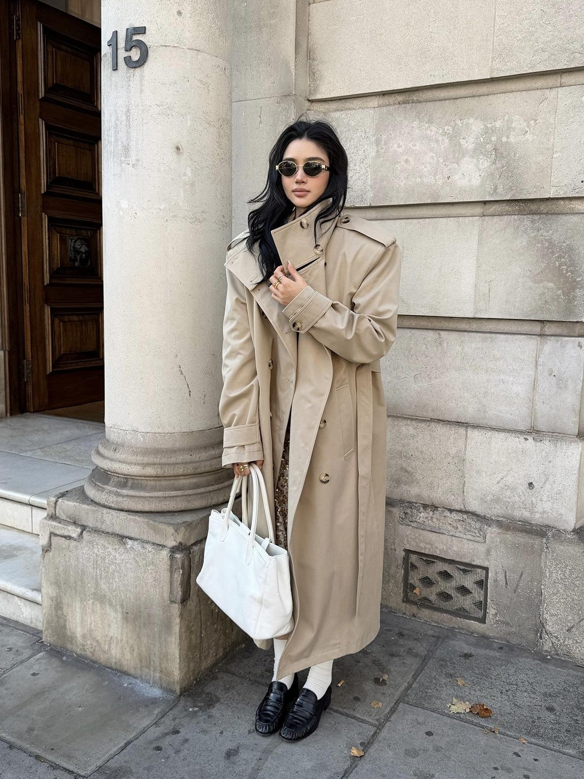 rovente Khaki Stand Collar Double Breasted Loose Long Women's Polyester Trench Coats