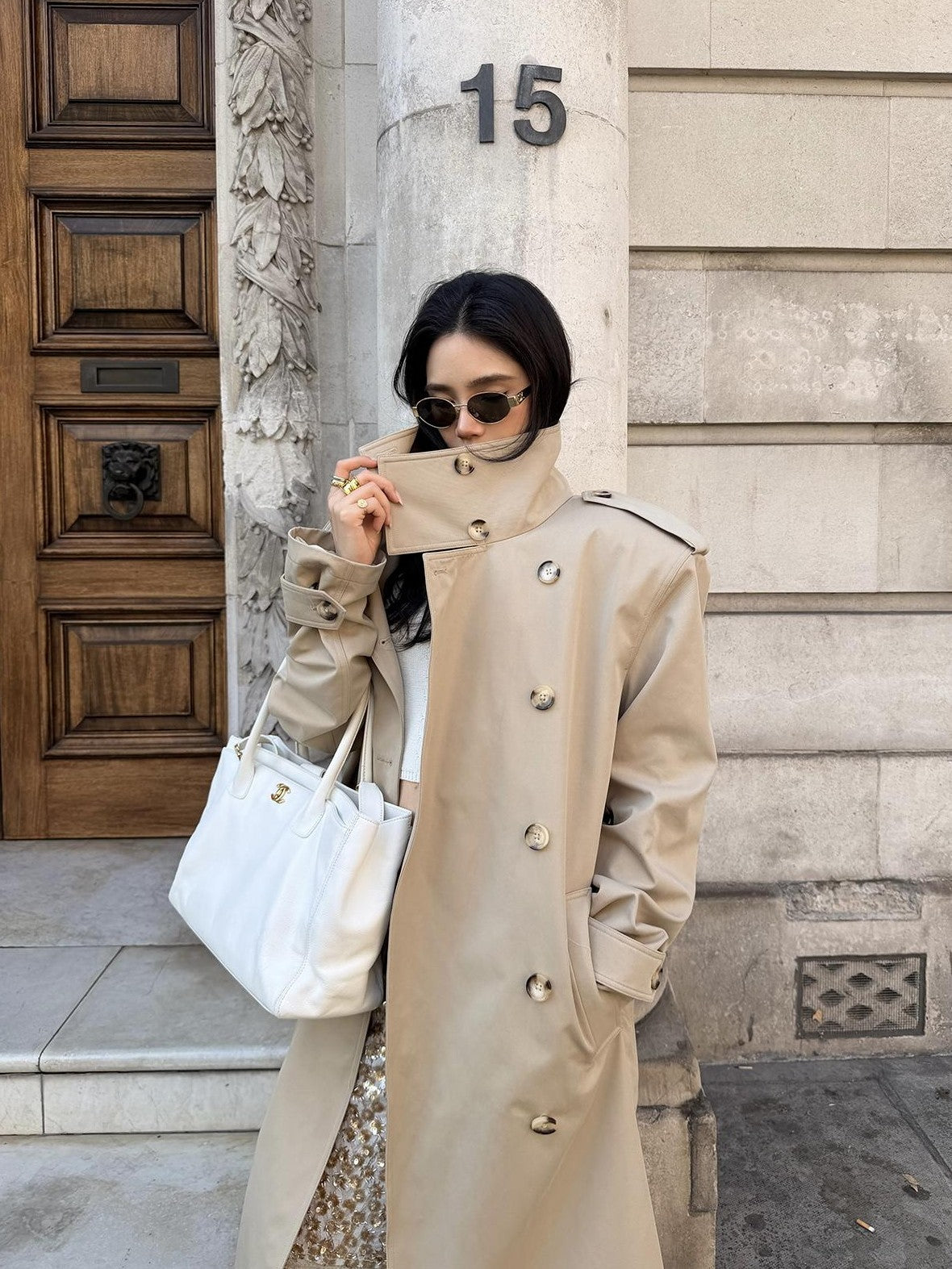 rovente Khaki Stand Collar Double Breasted Loose Long Women's Polyester Trench Coats