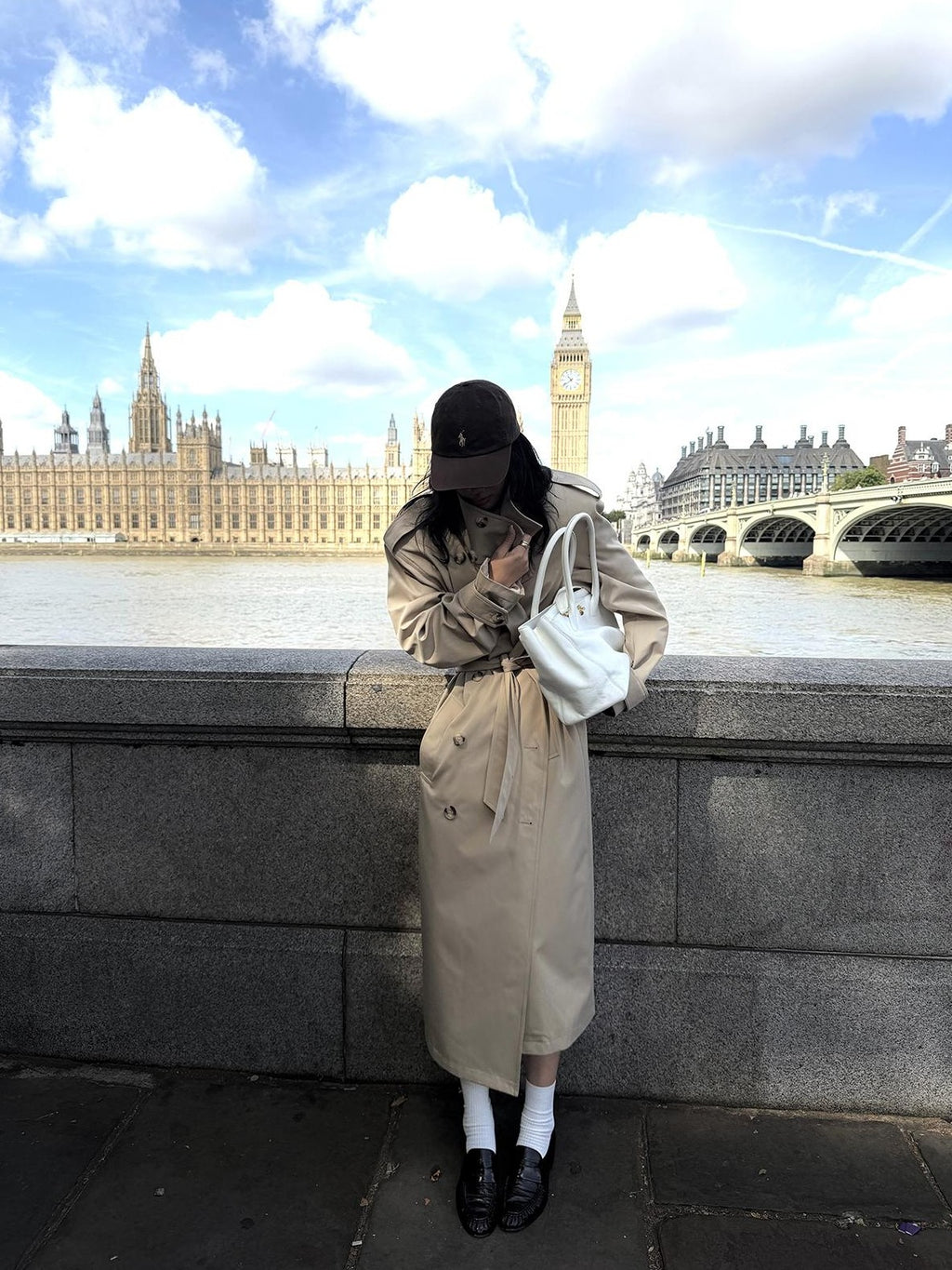 rovente Khaki Stand Collar Double Breasted Loose Long Women's Polyester Trench Coats