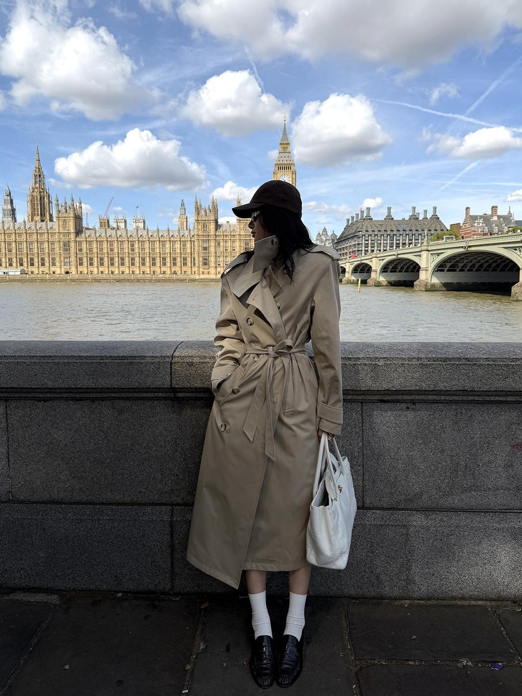 rovente Khaki Stand Collar Double Breasted Loose Long Women's Polyester Trench Coats