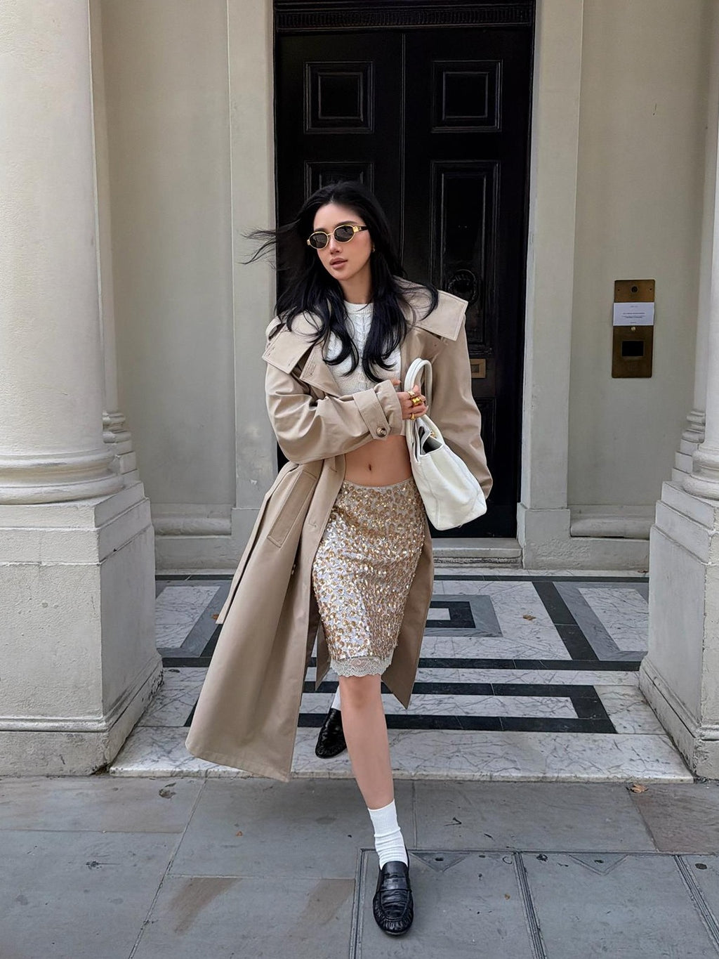 rovente Khaki Stand Collar Double Breasted Loose Long Women's Polyester Trench Coats
