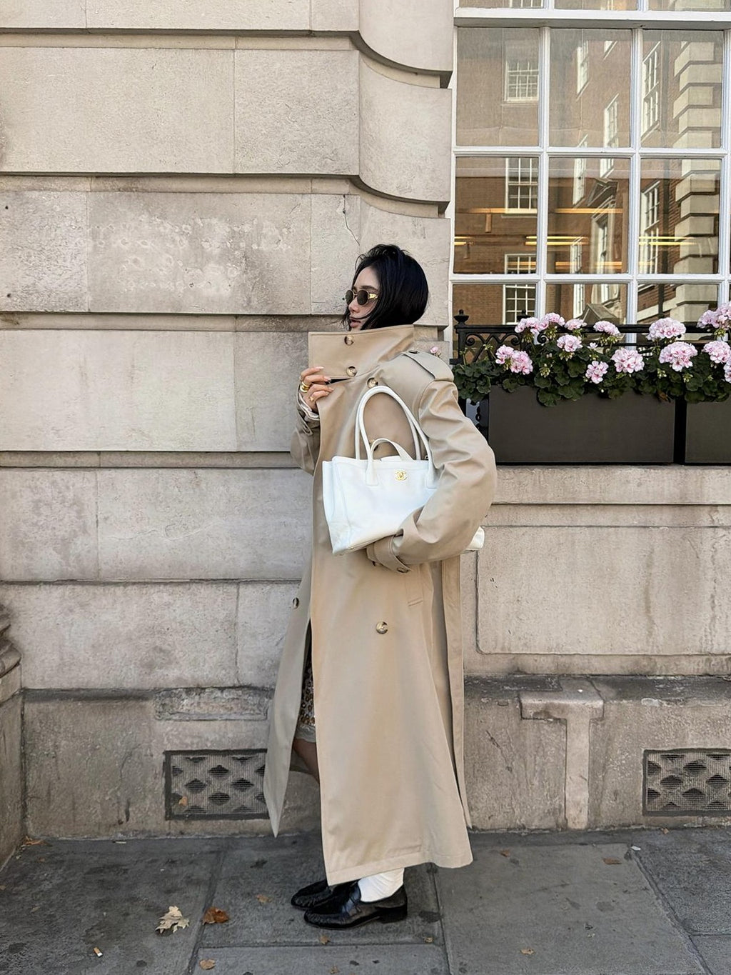 rovente Khaki Stand Collar Double Breasted Loose Long Women's Polyester Trench Coats