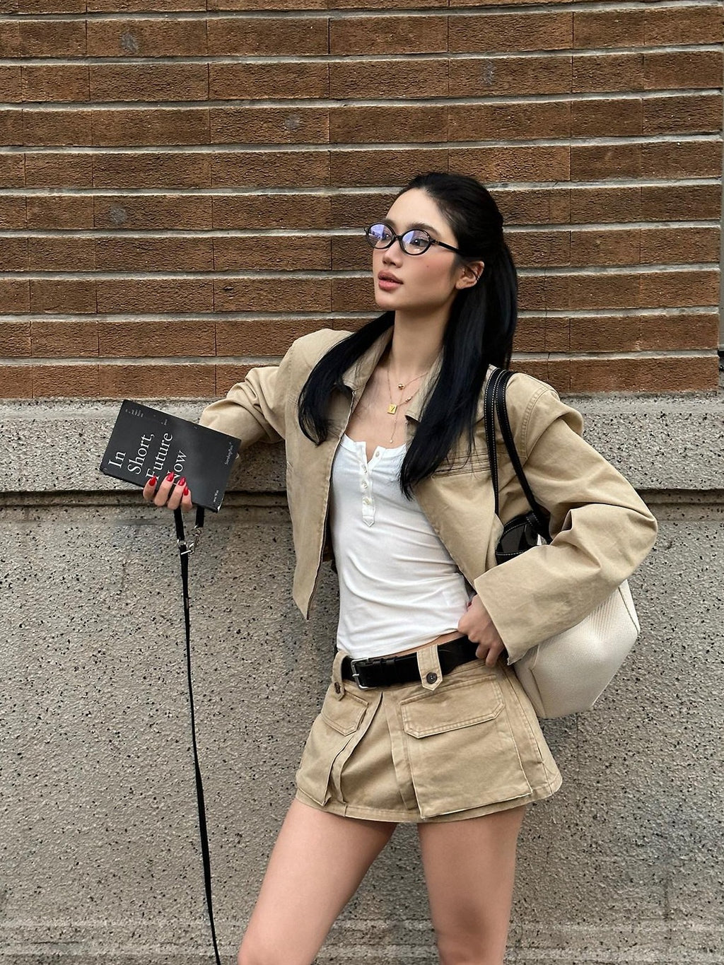 rovente Khaki Utility Zipper Mid Waist Slim Fitted Women's Cotton Mini Skirts
