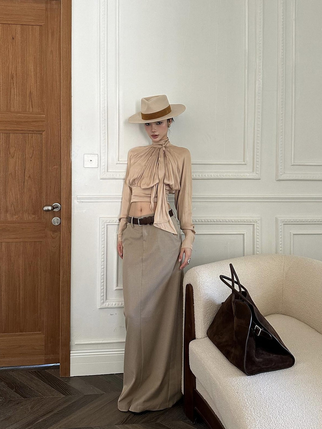 rovente Khaki Woven Back Slit H Line Mid Waist Women's Polyester Blend Maxi Skirts