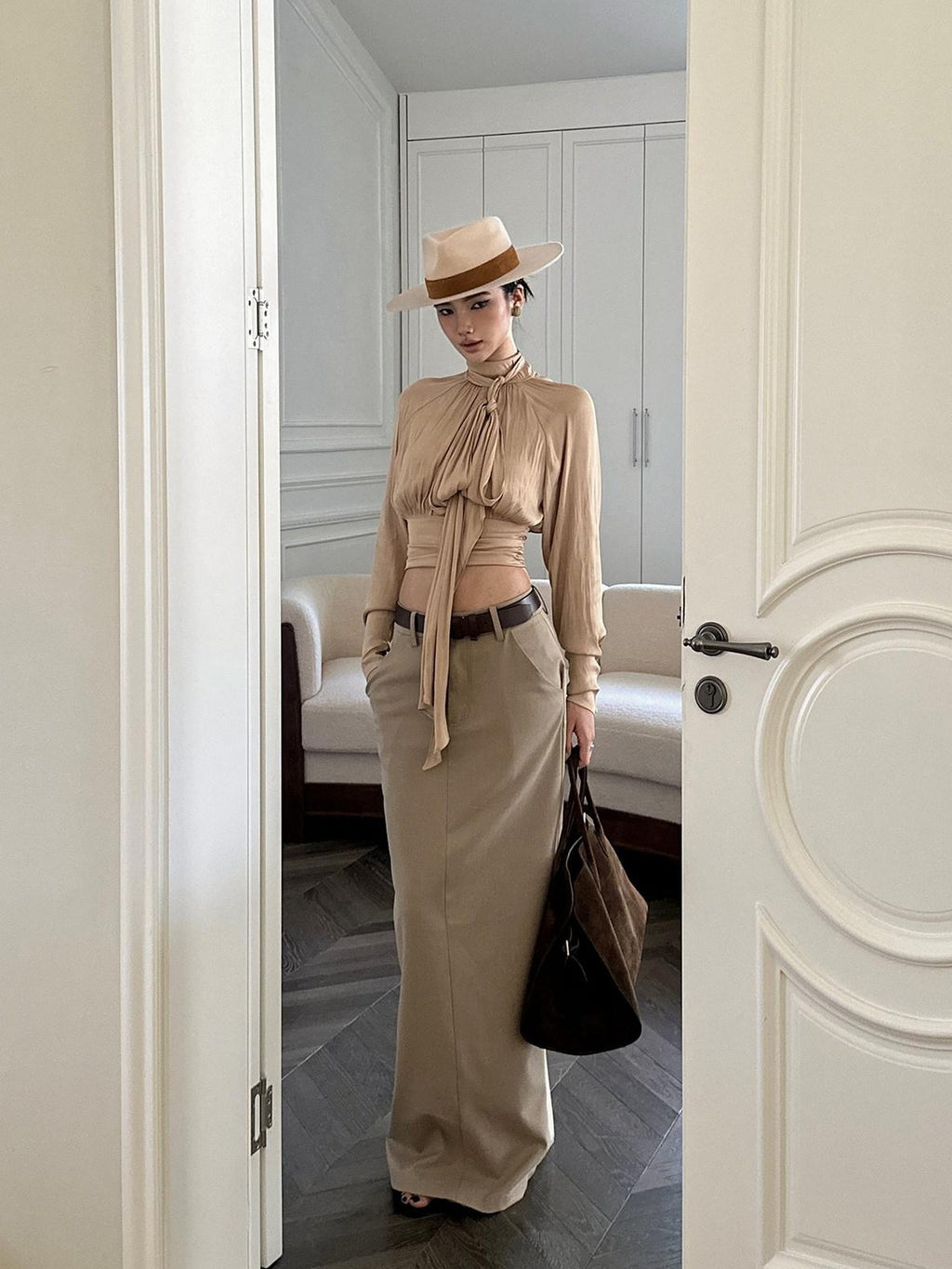 rovente Khaki Woven Back Slit H Line Mid Waist Women's Polyester Blend Maxi Skirts