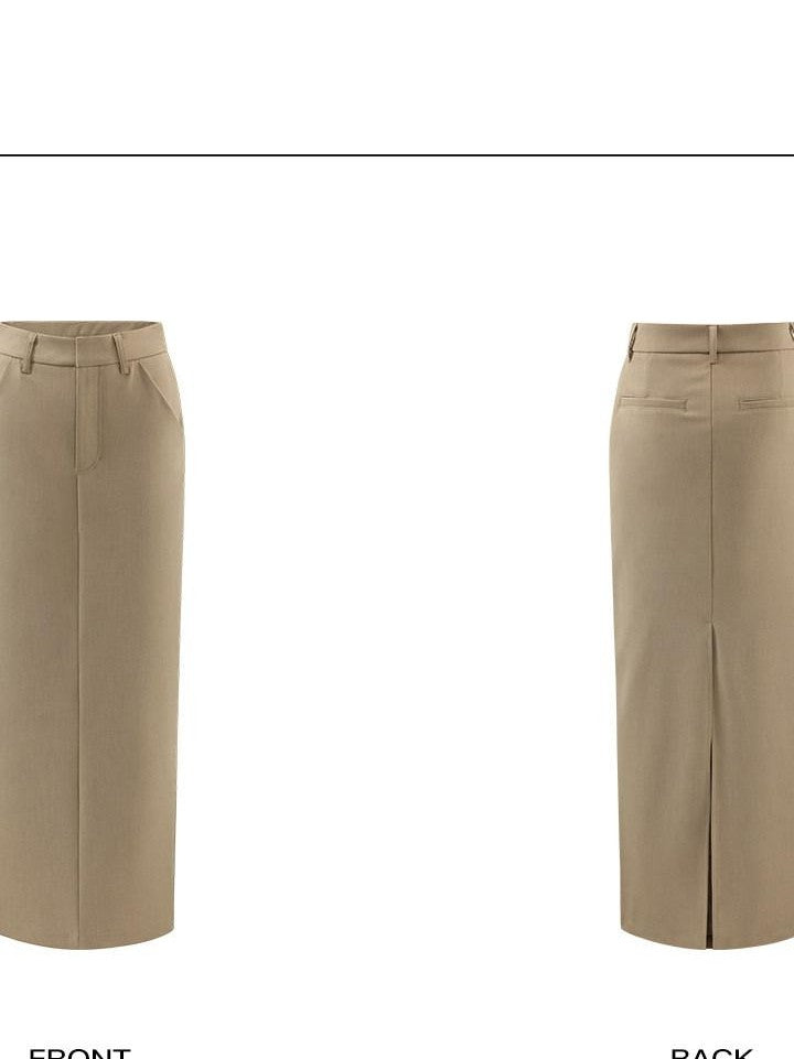 rovente Khaki Woven Back Slit H Line Mid Waist Women's Polyester Blend Maxi Skirts