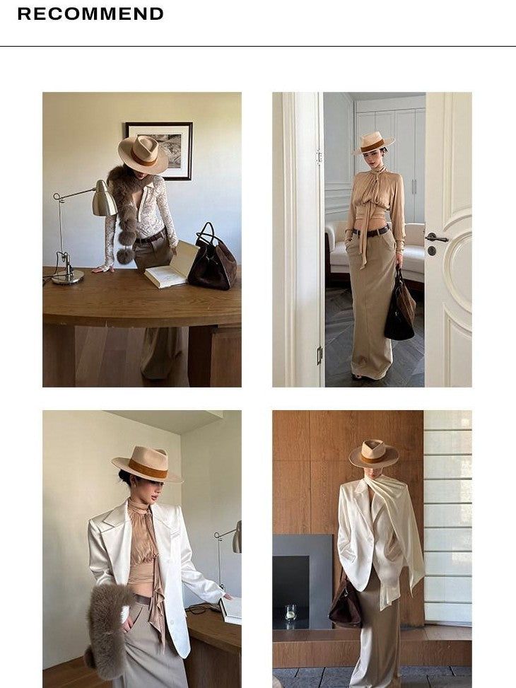 rovente Khaki Woven Back Slit H Line Mid Waist Women's Polyester Blend Maxi Skirts