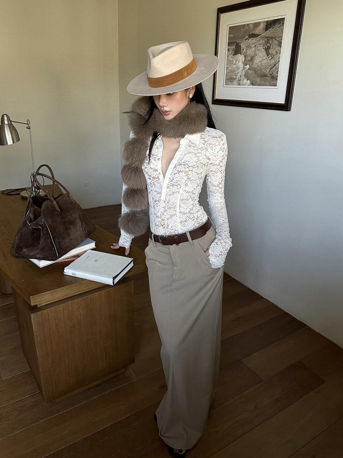 rovente Khaki Woven Back Slit H Line Mid Waist Women's Polyester Blend Maxi Skirts