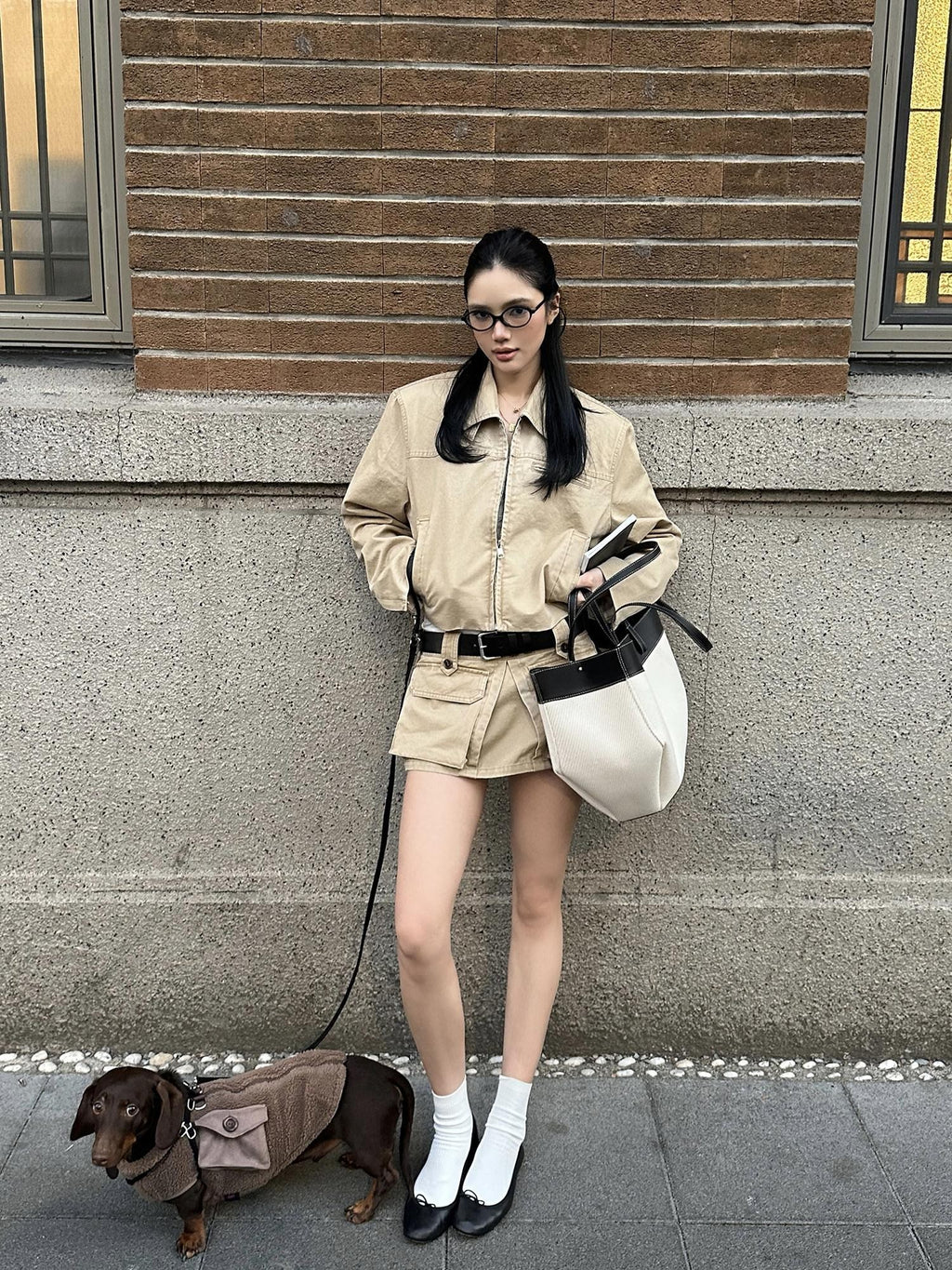 rovente Khaki Zipper Lapel Slanted Pockets Short Women's Pure Cotton Utility Jackets