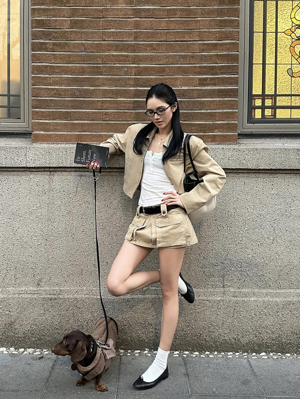 rovente Khaki Zipper Lapel Slanted Pockets Short Women's Pure Cotton Utility Jackets