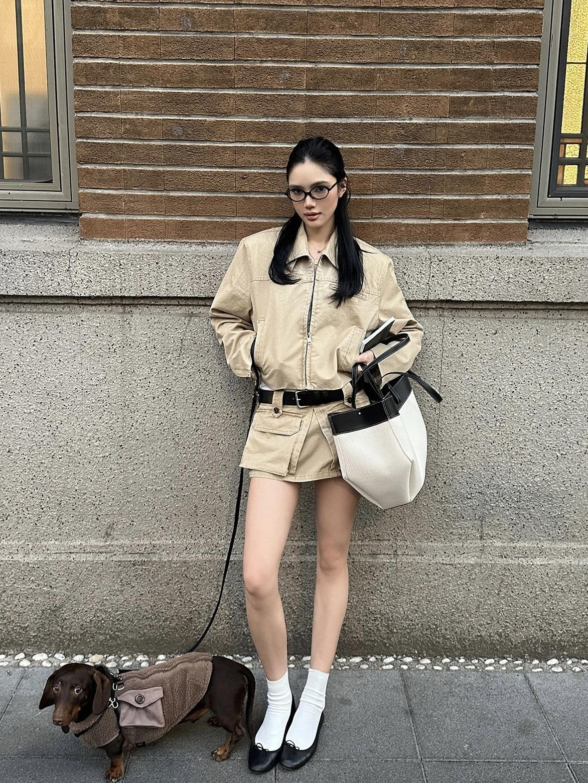 rovente Khaki Zipper Lapel Slanted Pockets Short Women's Pure Cotton Utility Jackets