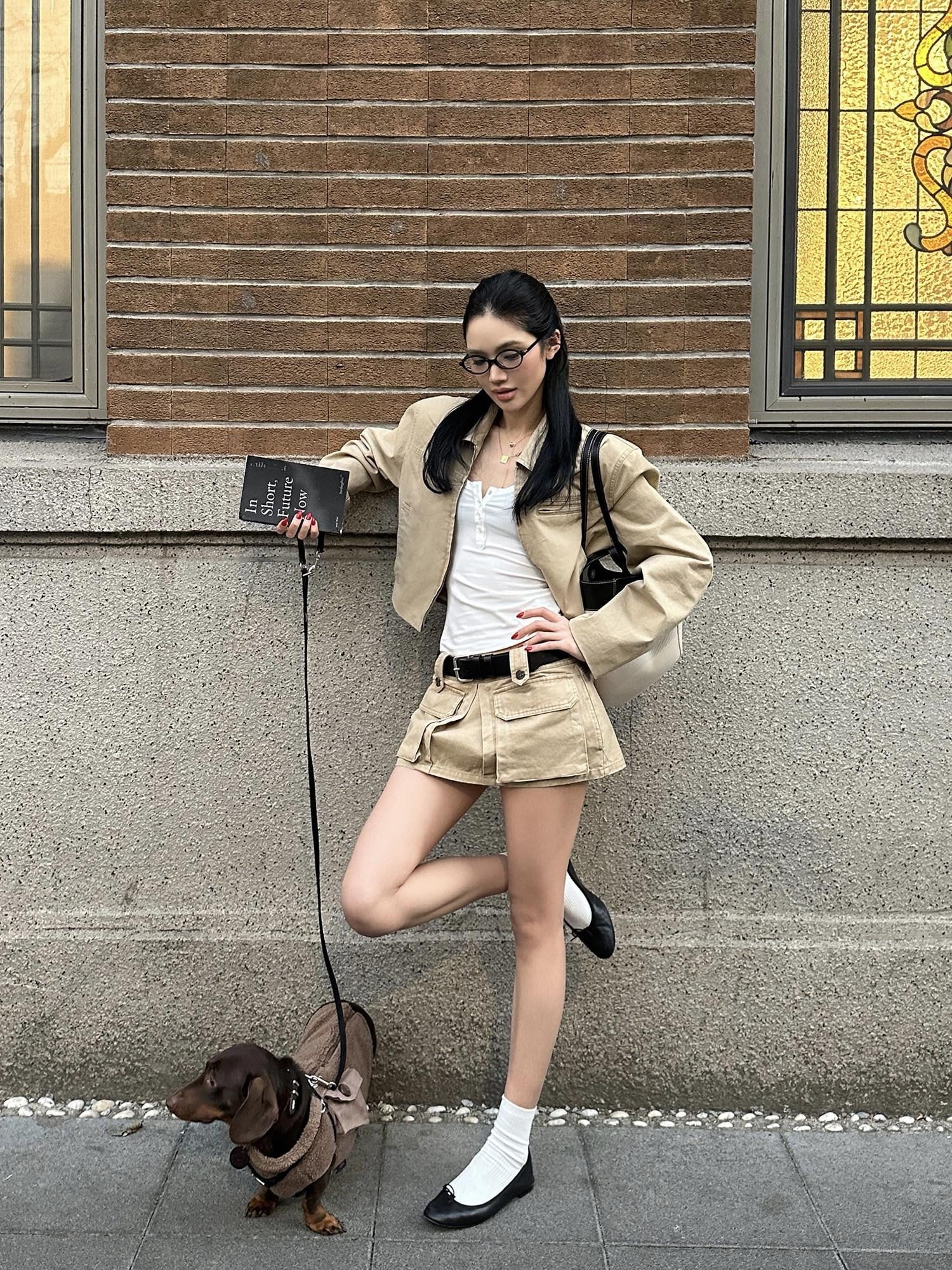 rovente Khaki Zipper Lapel Slanted Pockets Short Women's Pure Cotton Utility Jackets