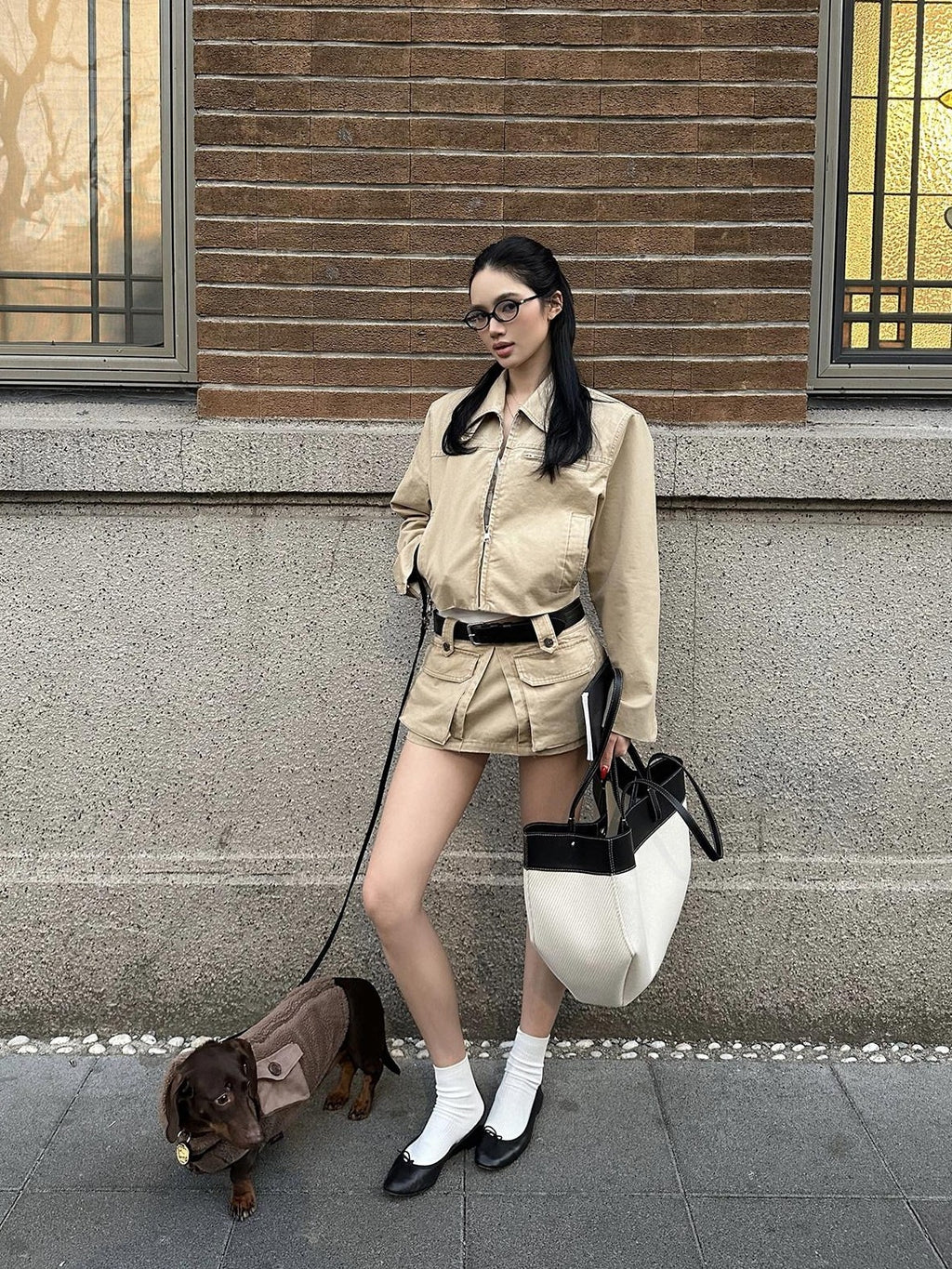 rovente Khaki Zipper Lapel Slanted Pockets Short Women's Pure Cotton Utility Jackets