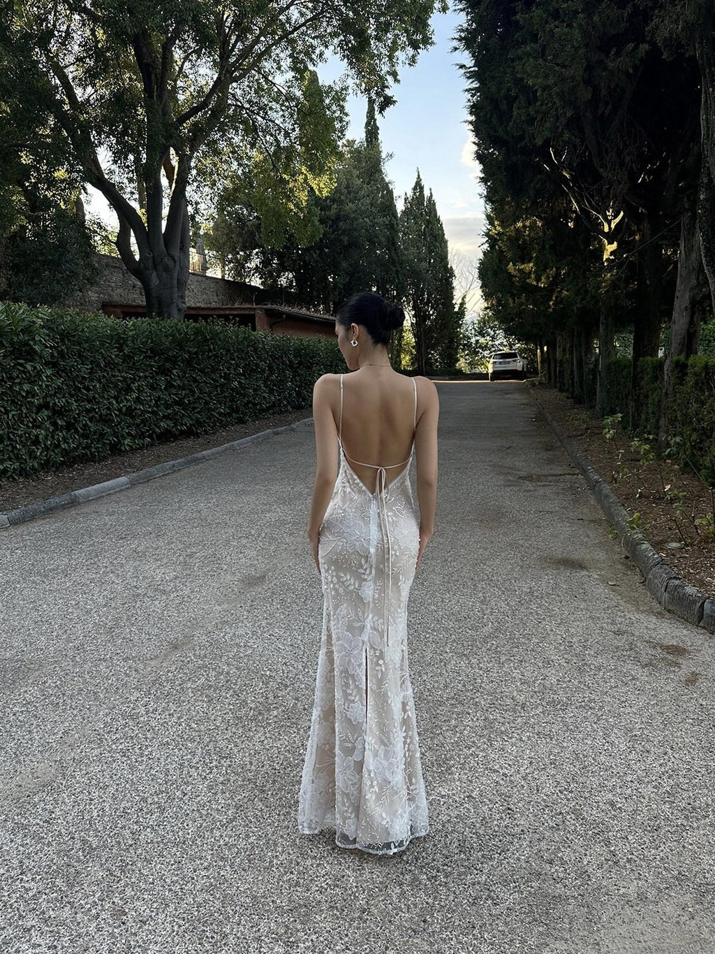 rovente Lace Backless Mermaid High Waist Women's Polyester Slip Maxi Dresses
