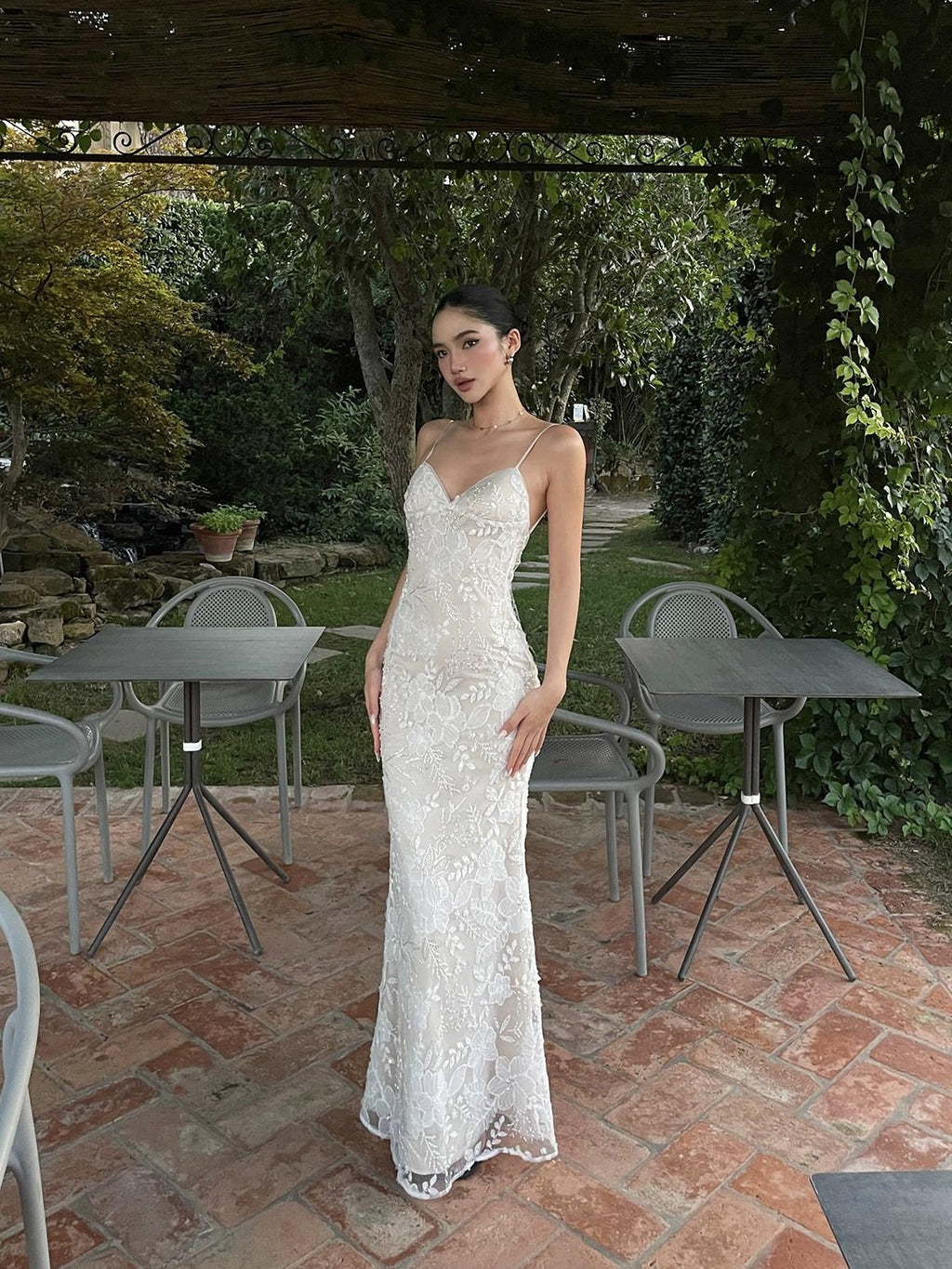 rovente Lace Backless Mermaid High Waist Women's Polyester Slip Maxi Dresses