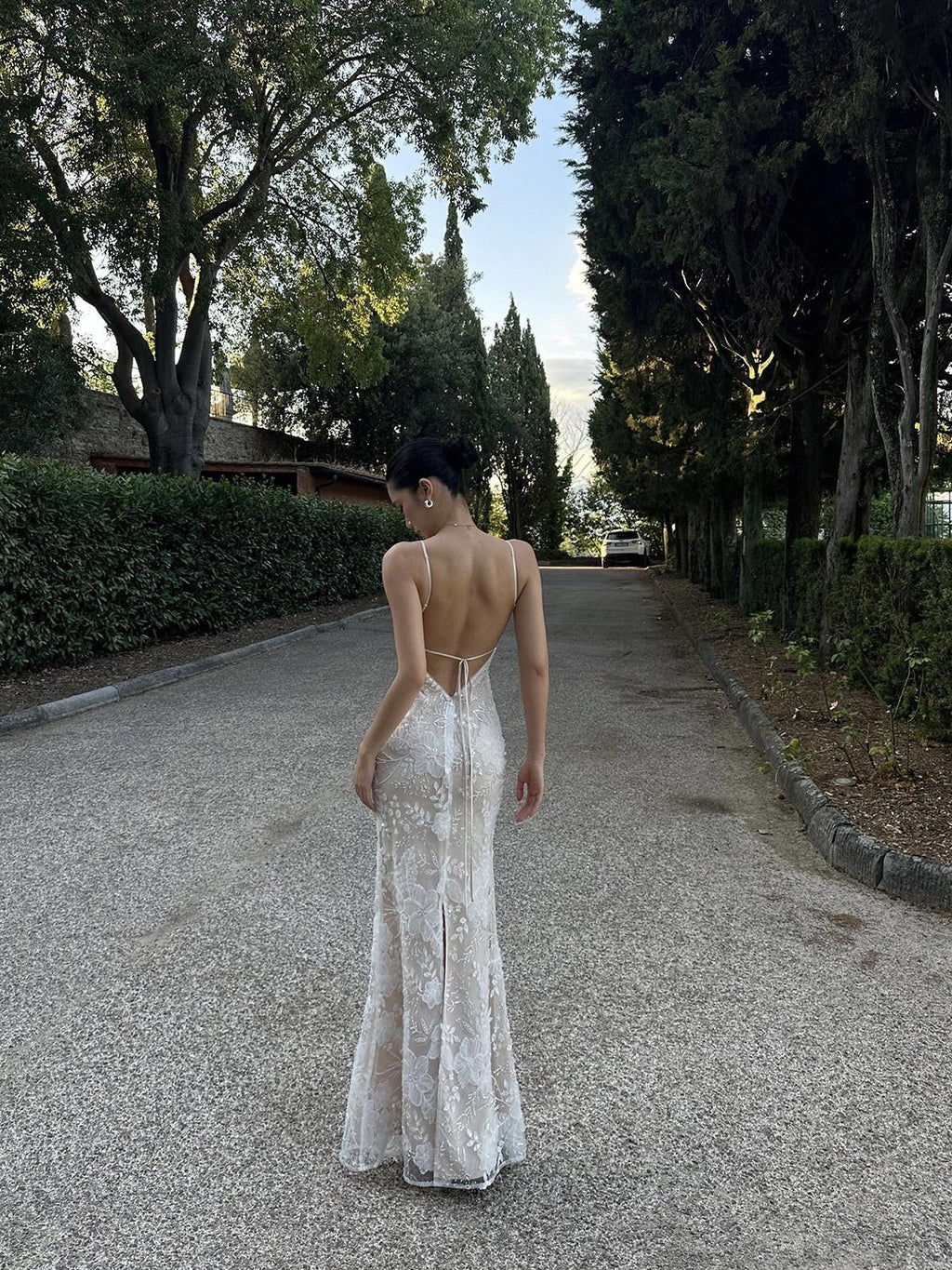 rovente Lace Backless Mermaid High Waist Women's Polyester Slip Maxi Dresses