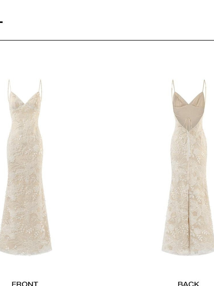 rovente Lace Backless Mermaid High Waist Women's Polyester Slip Maxi Dresses