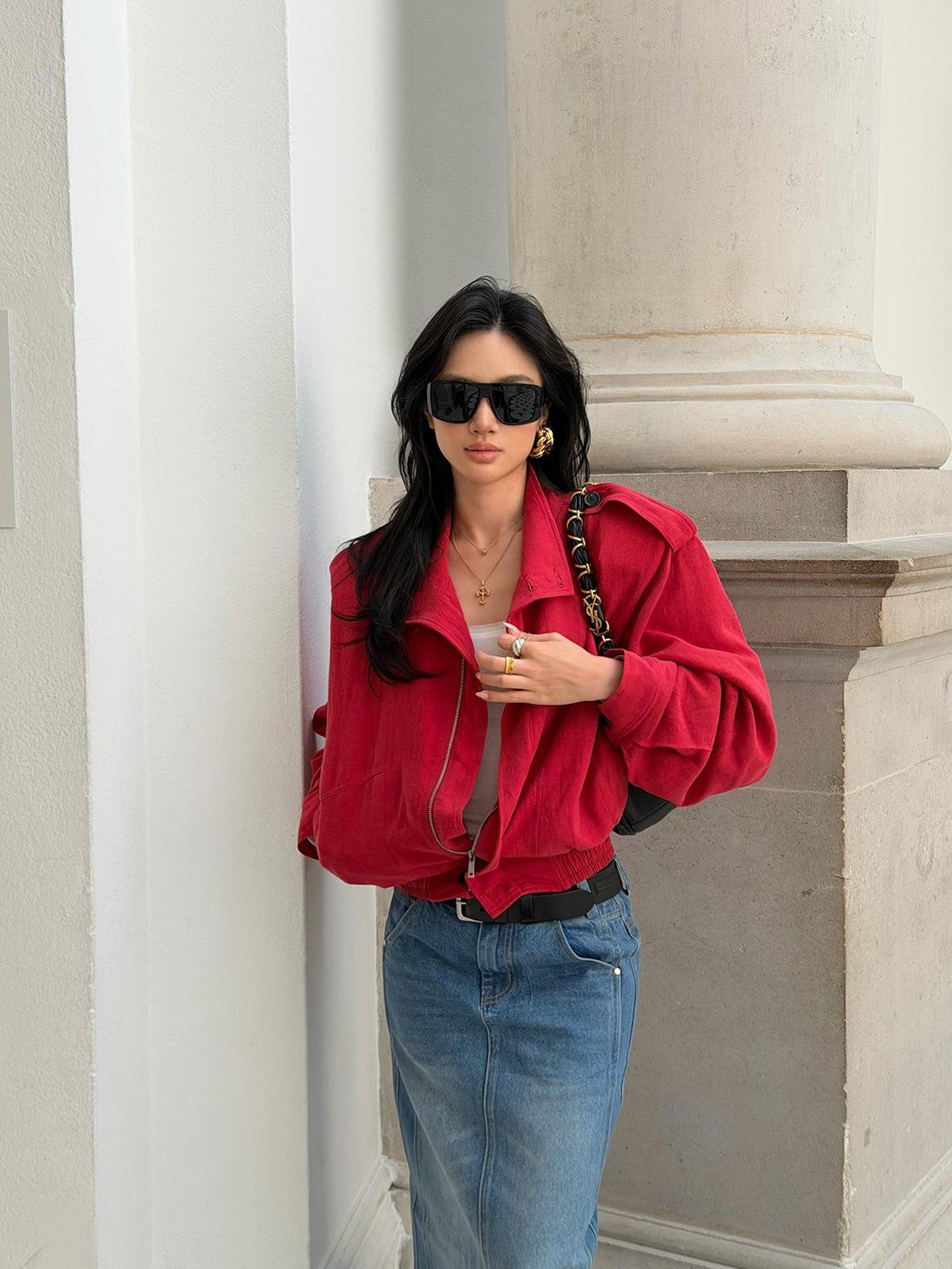 rovente Lava Red Linen Stand Collar Epaulet Loose Fit Women's Cropped Jackets