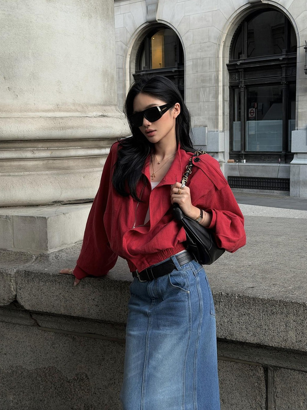 rovente Lava Red Linen Stand Collar Epaulet Loose Fit Women's Cropped Jackets