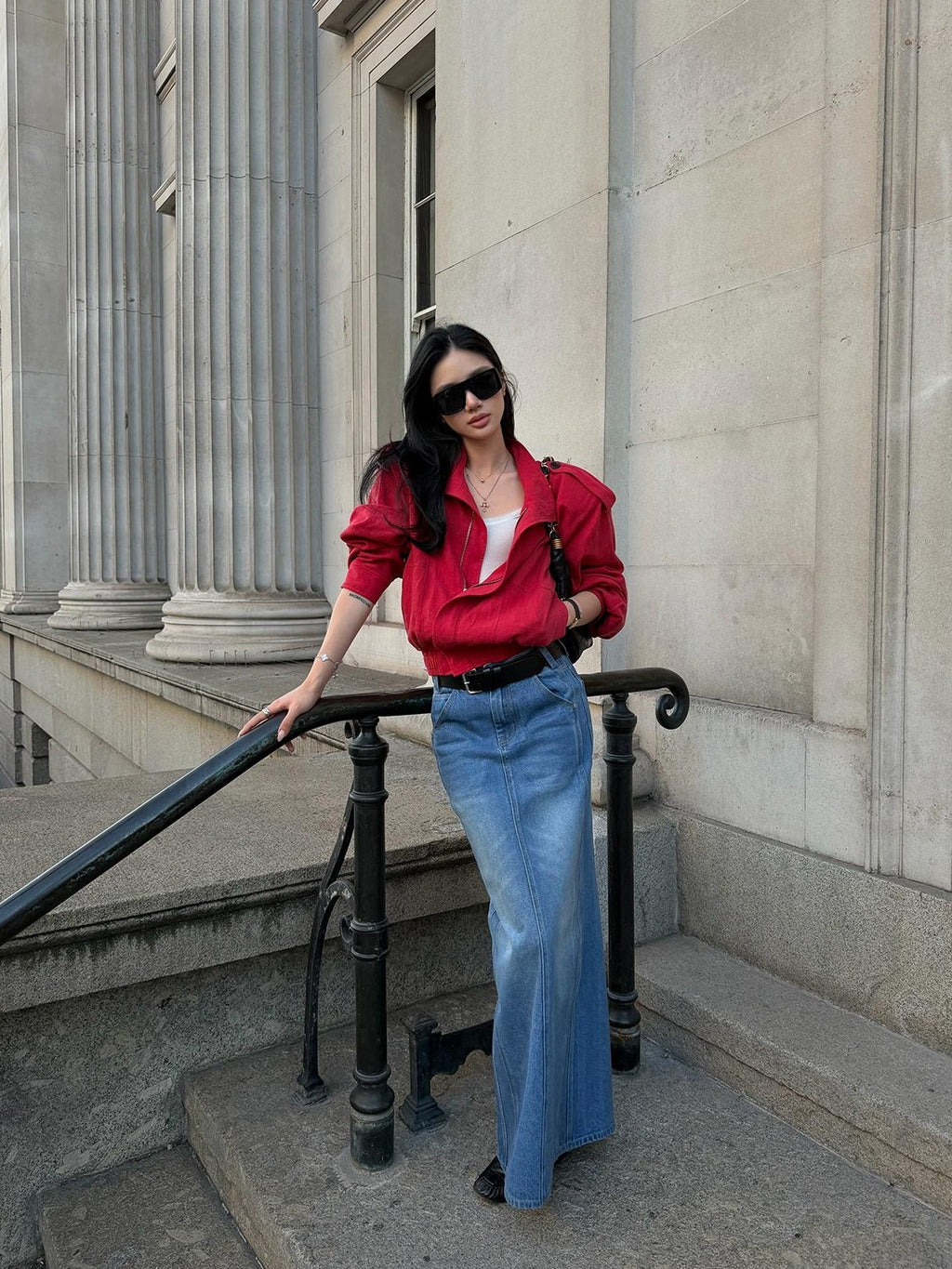 rovente Lava Red Linen Stand Collar Epaulet Loose Fit Women's Cropped Jackets