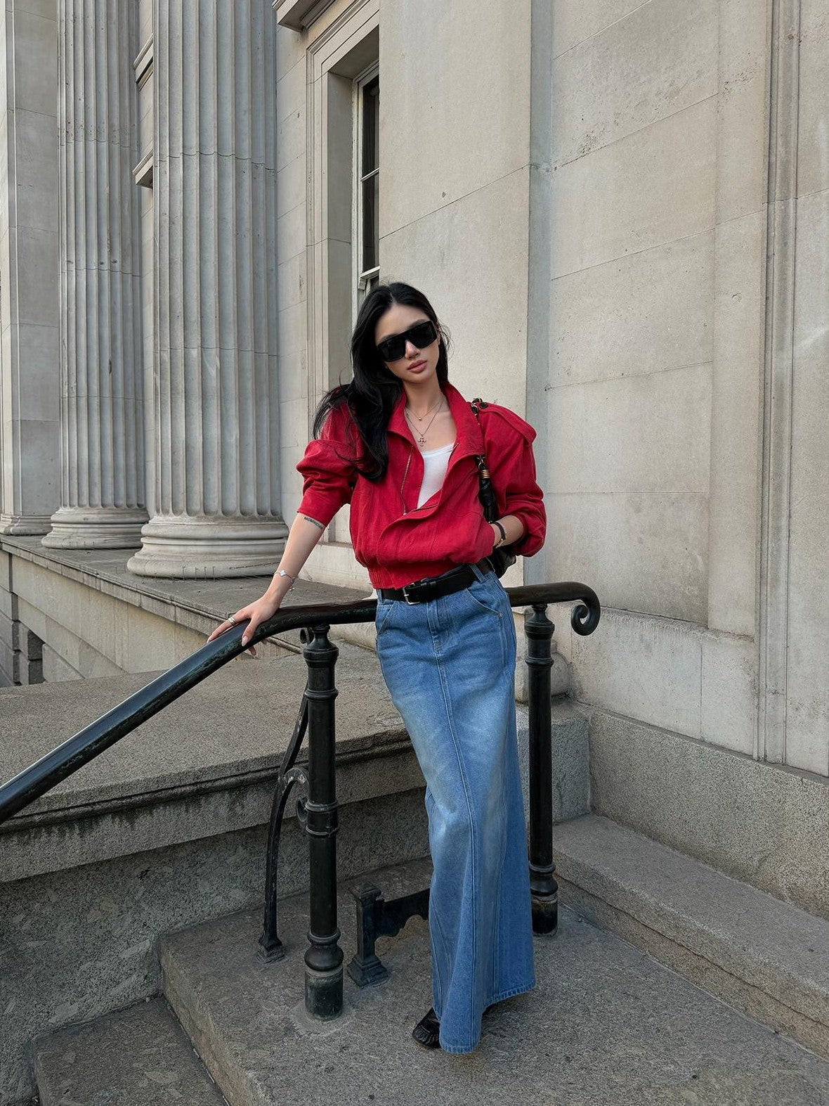 rovente Lava Red Linen Stand Collar Epaulet Loose Fit Women's Cropped Jackets