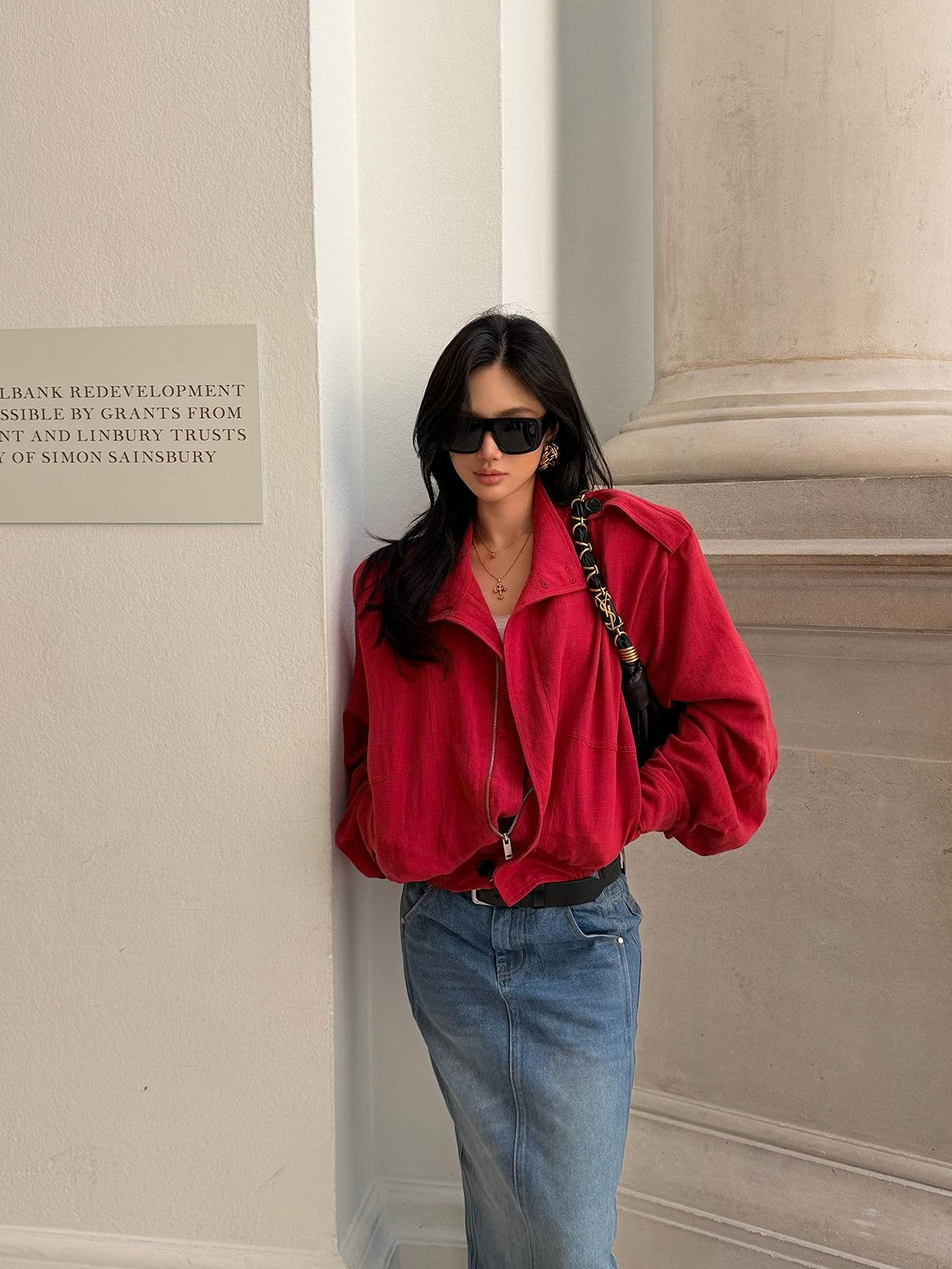 rovente Lava Red Linen Stand Collar Epaulet Loose Fit Women's Cropped Jackets
