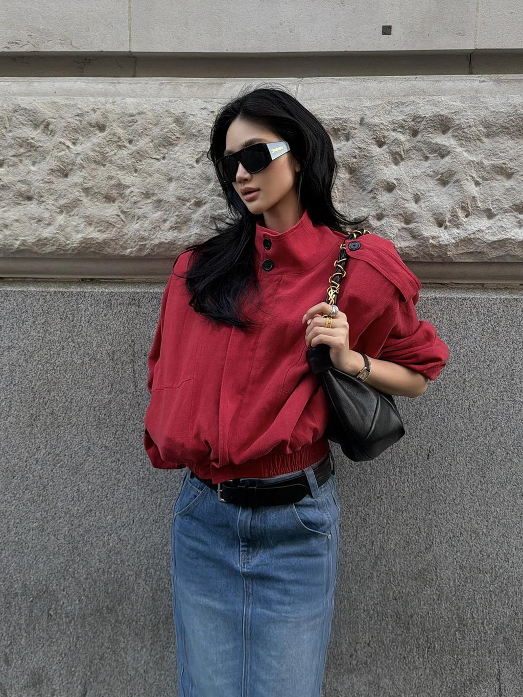 rovente Lava Red Linen Stand Collar Epaulet Loose Fit Women's Cropped Jackets