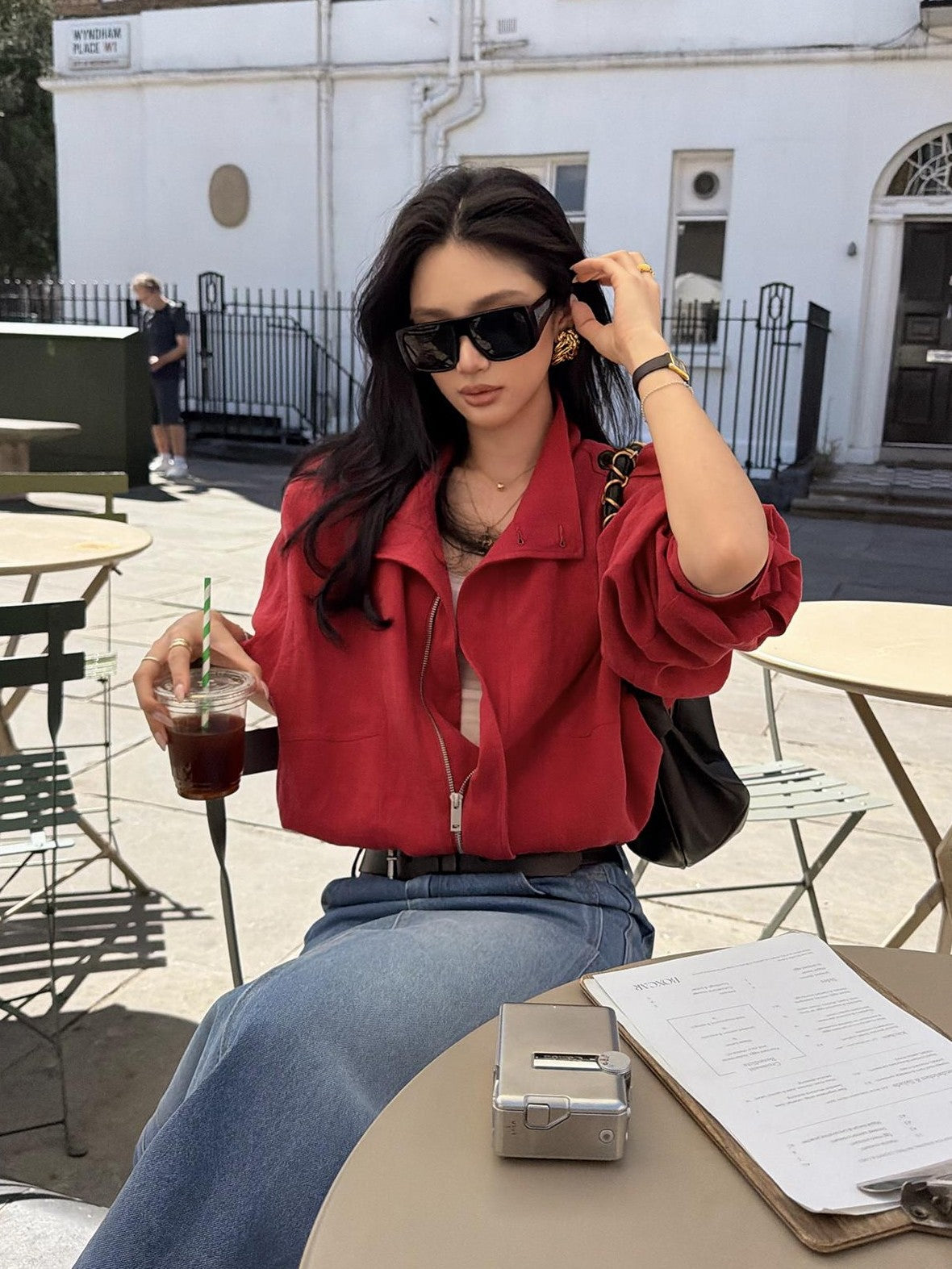 rovente Lava Red Linen Stand Collar Epaulet Loose Fit Women's Cropped Jackets