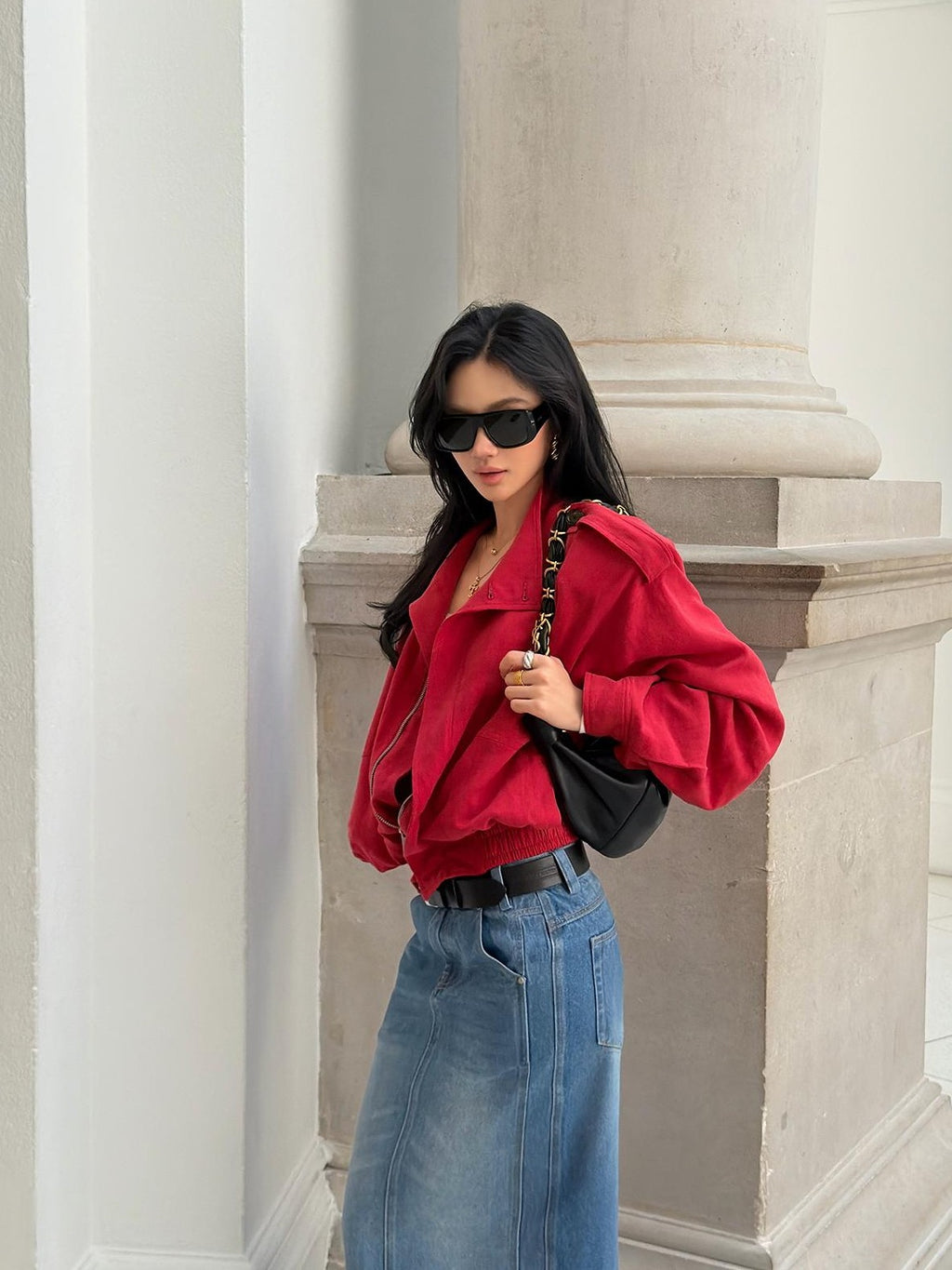 rovente Lava Red Linen Stand Collar Epaulet Loose Fit Women's Cropped Jackets