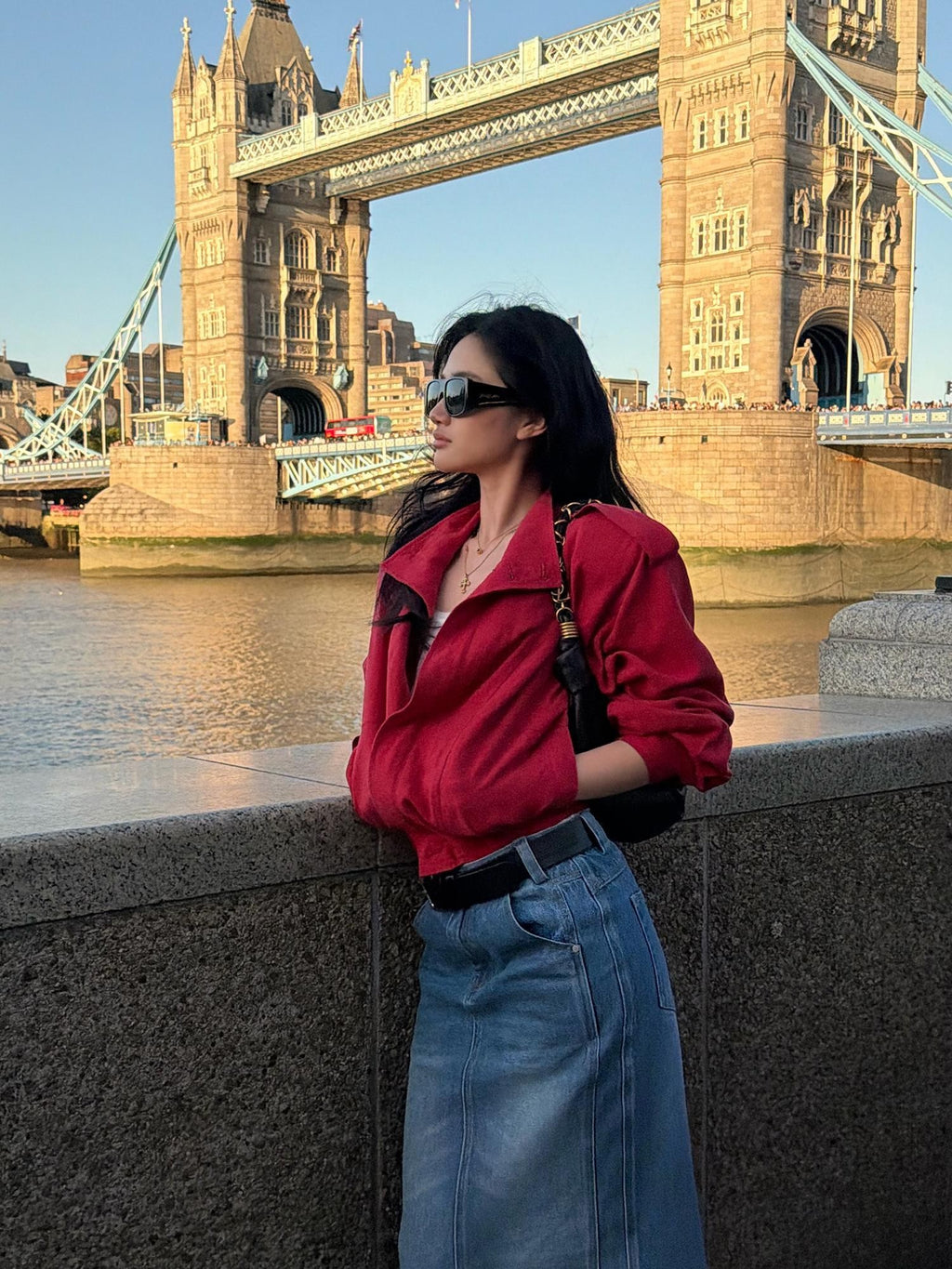 rovente Lava Red Linen Stand Collar Epaulet Loose Fit Women's Cropped Jackets