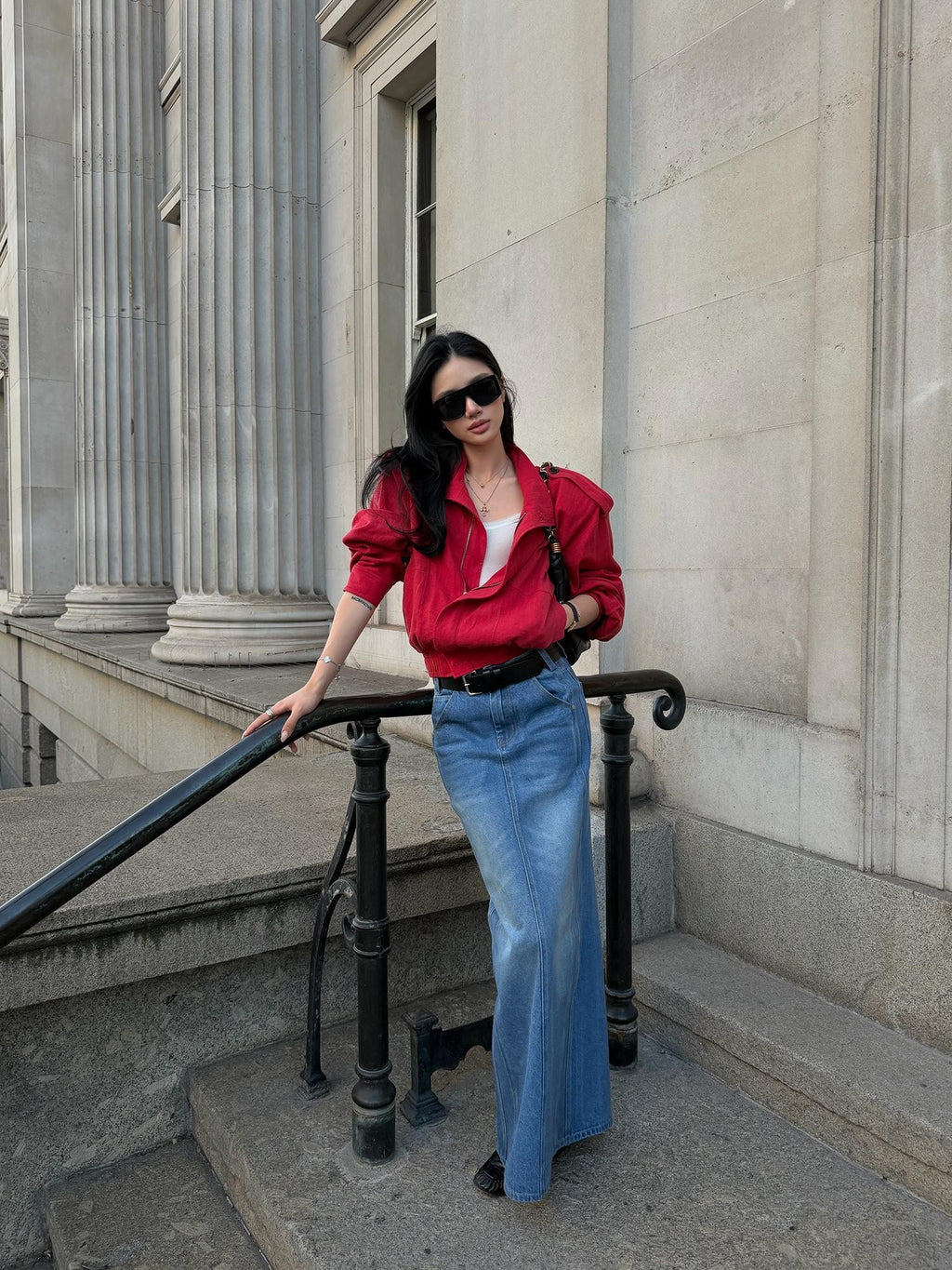 rovente Lava Red Linen Stand Collar Epaulet Loose Fit Women's Cropped Jackets
